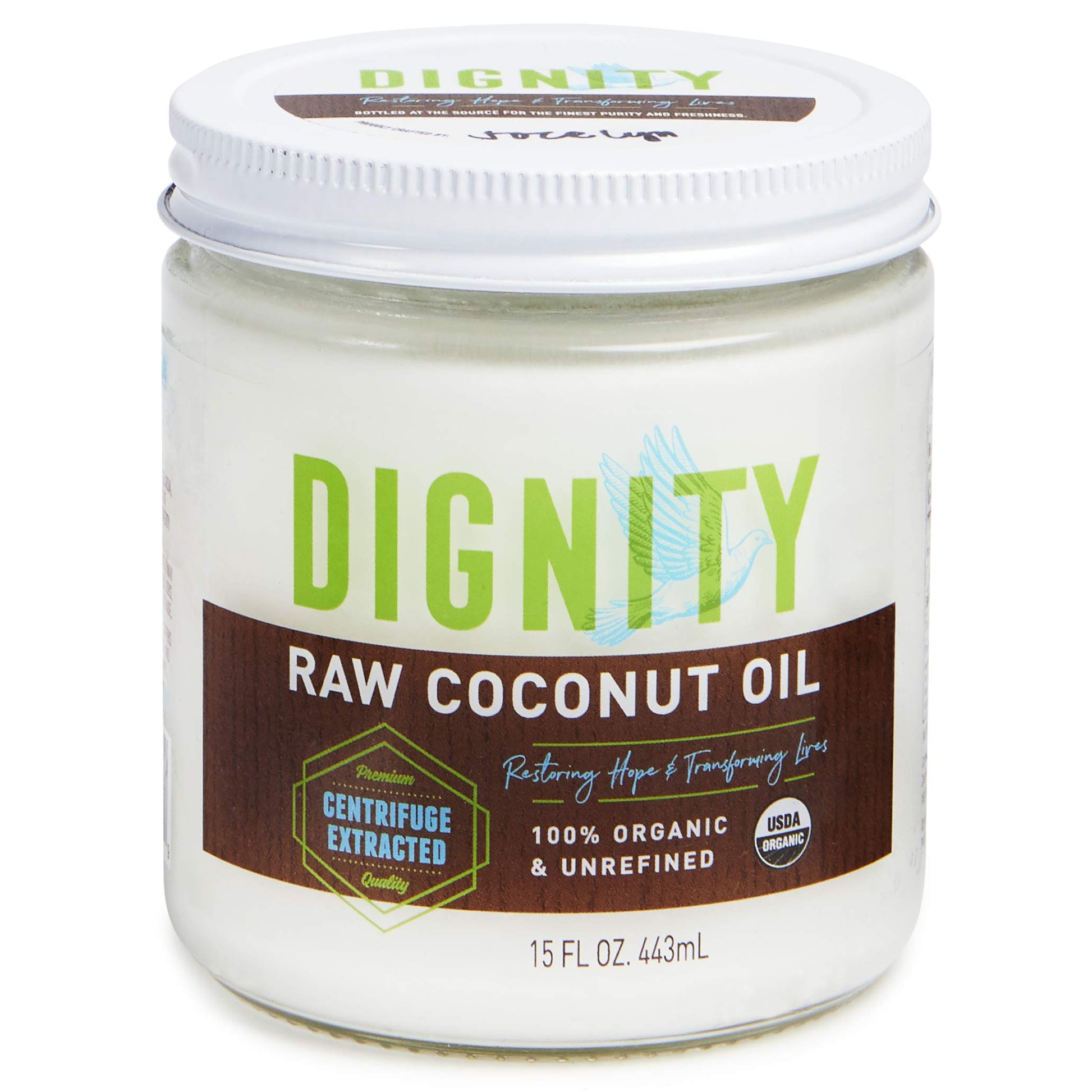 Dignity Coconuts Raw Coconut Oil - 100% Organic Unrefined Coconut Oil - 15 Fl Oz Glass Jar - Centrifuge Extracted