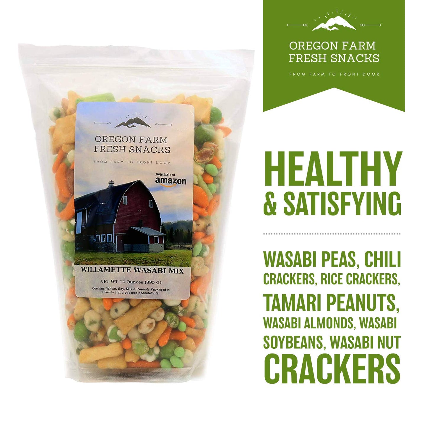 OREGON FARM FRESH SNACKS Wasabi Peas & Rice  ers Mix - 14 oz - Asian Snacks with Almonds, Peanuts & Soybeans
