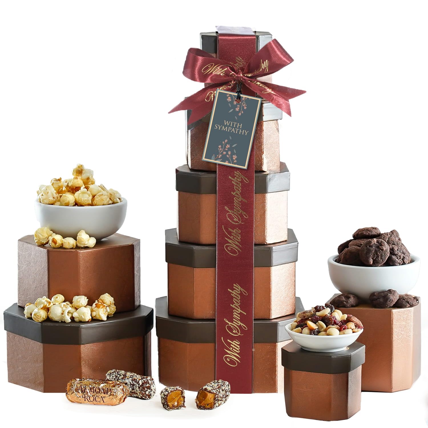 Broadway Basketeers Sympathy Gift Basket Tower - Comforting Food Delivery for Loss of Loved One - 7 x 7 x 15 - Sympathy Color