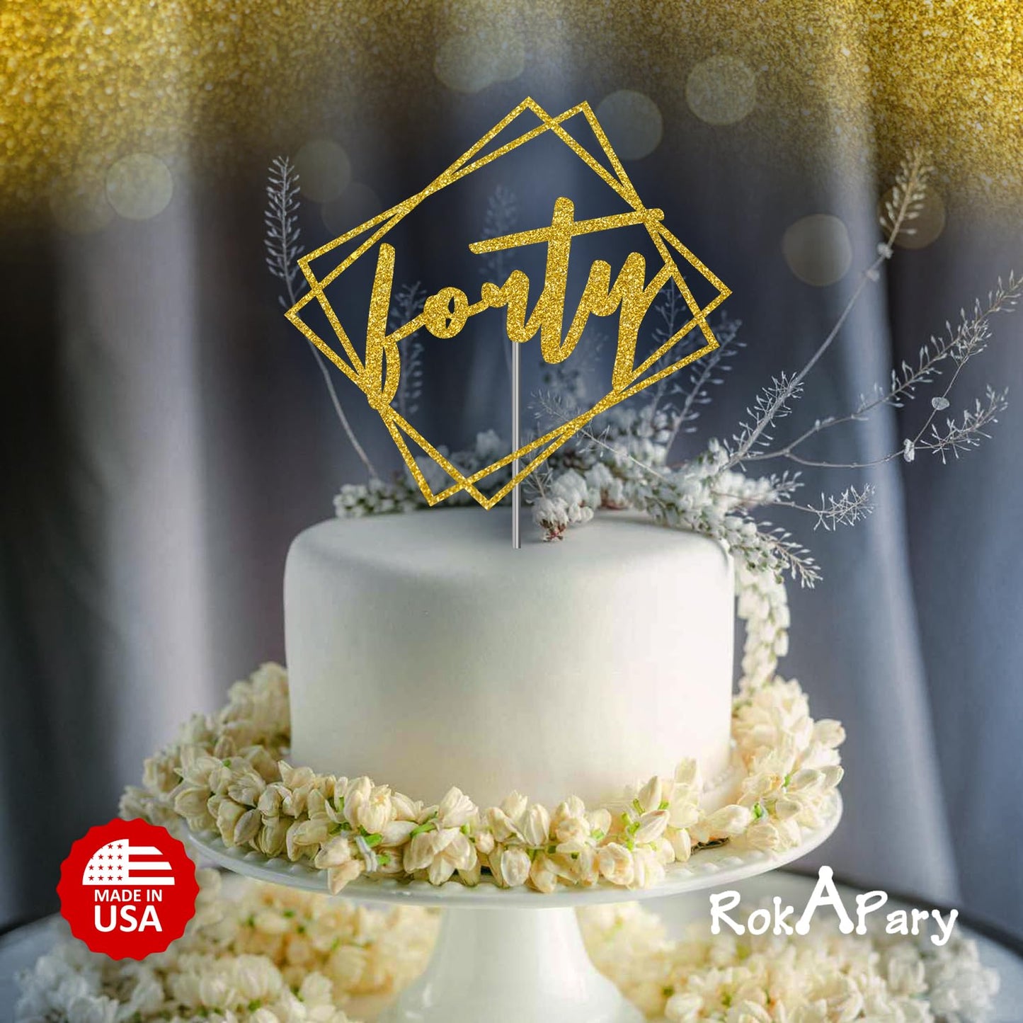 Forty Cake Topper Gold Glitter, Modern Design 40 Birthday, Days, Months, Anniversary Party Decoration Ideas, Premium Quality, St