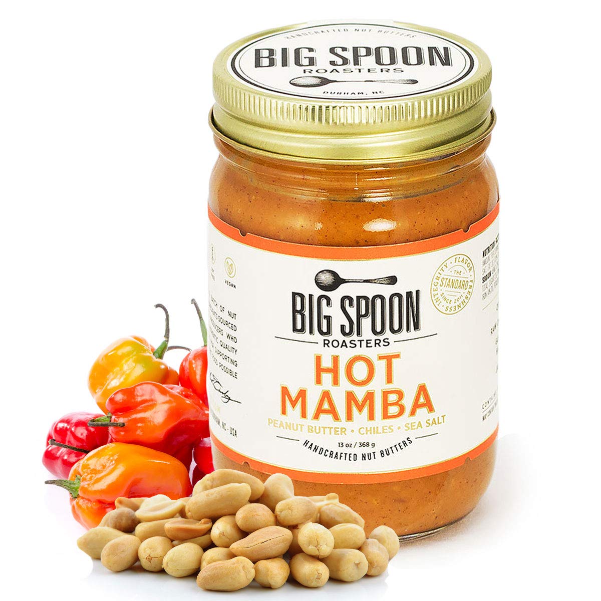 Big Spoon Roasters Hot Peanut Butter W/Chiles & Sea Salt - Low Sugar Peanut Butter - Sweet & Spicy, Creamy Peanut Butter W/Organ