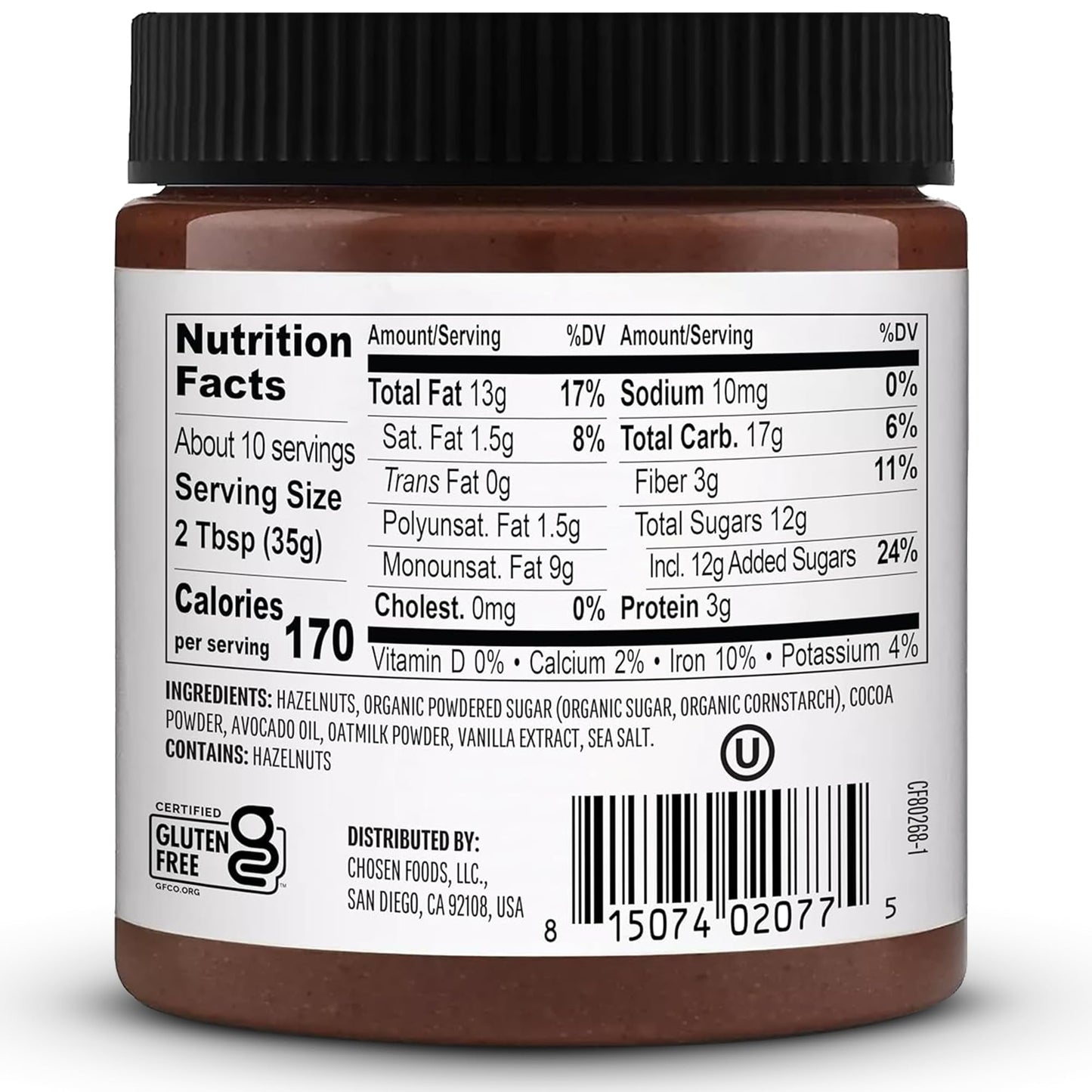 Chosen Foods Chocolate Hazelnut Spread - Made with 100% Pure Avocado Oil, Simple Ingredients, 40% Less Sugar, Vegan, Free of Pal