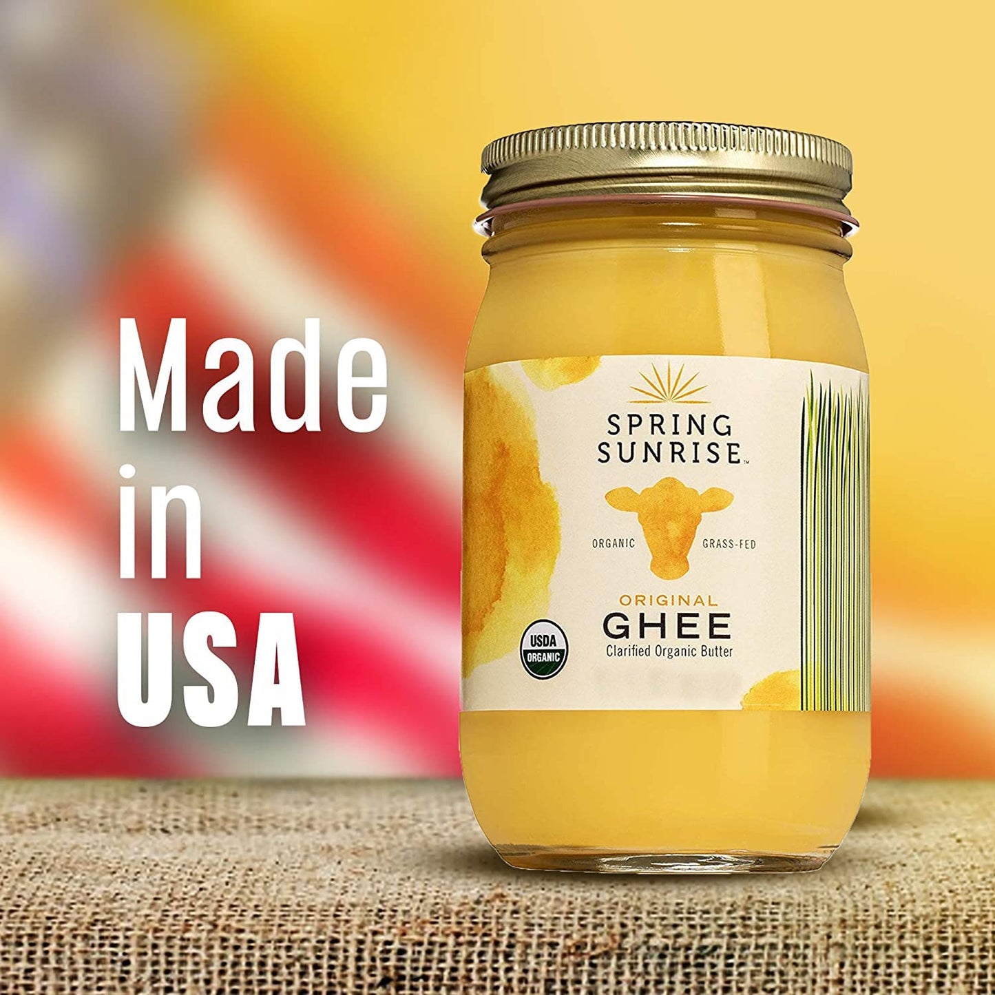 Spring Sunrise Organic Grass Fed Ghee Butter - Usda Certified Organic Clarified Butter - Paleo, Keto Friendly, Non-Gmo, Gluten, & Casein Free Cooking Oil - Sustainably Sourced (2 Pack, 32Oz Jar)