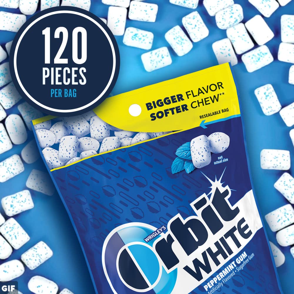 Orbit Gum White Peppermint Sugar Free Chewing Gum, 8.5 Ounces Resealable Bag 120 Pieces (8 Pack)