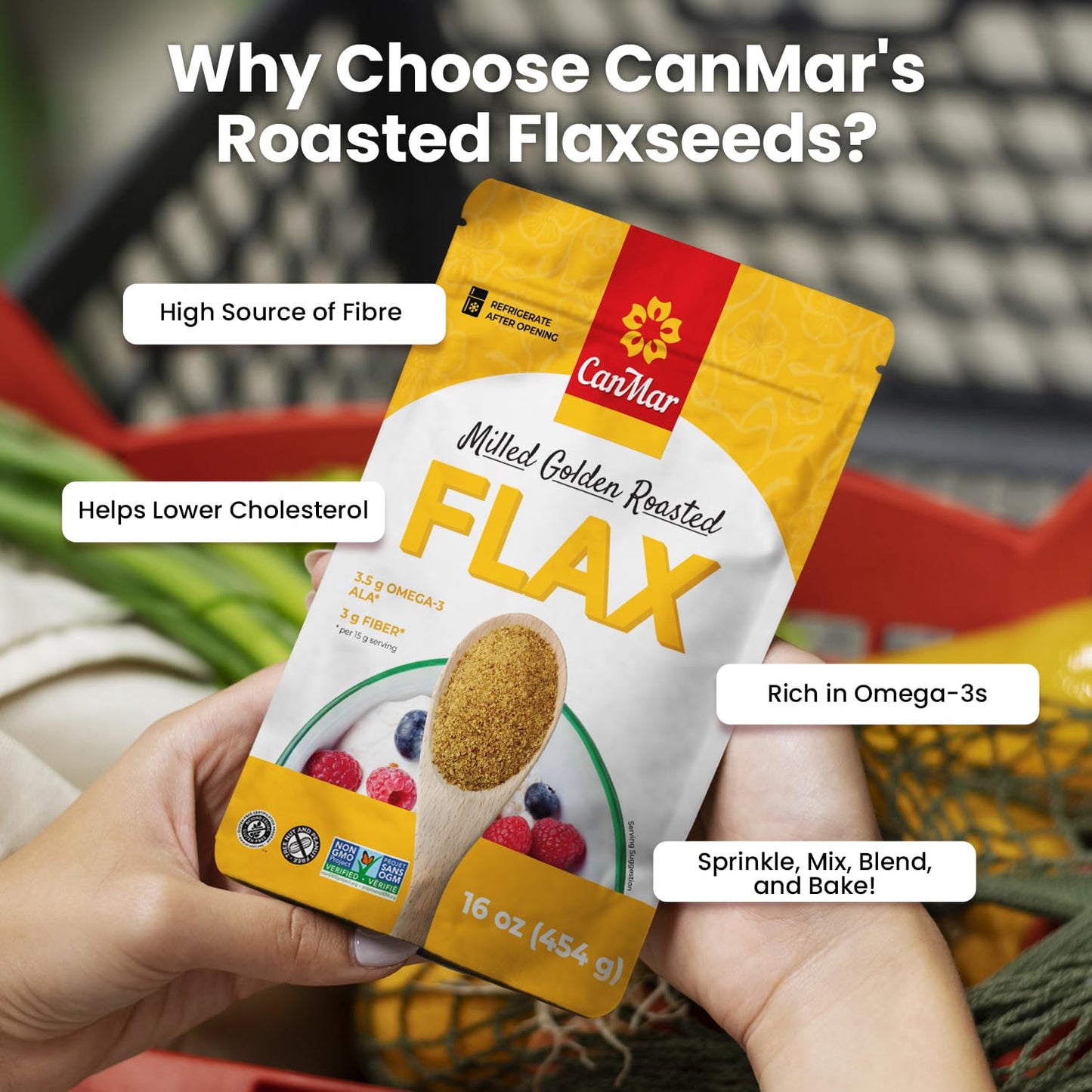 Canmar Golden Roasted Milled Flax Seeds 16 Oz (1 Lb), Non-Gmo, Gluten Free & Vegan, Flaxseed With Omega-3, Fiber, Rich In Ala Fa