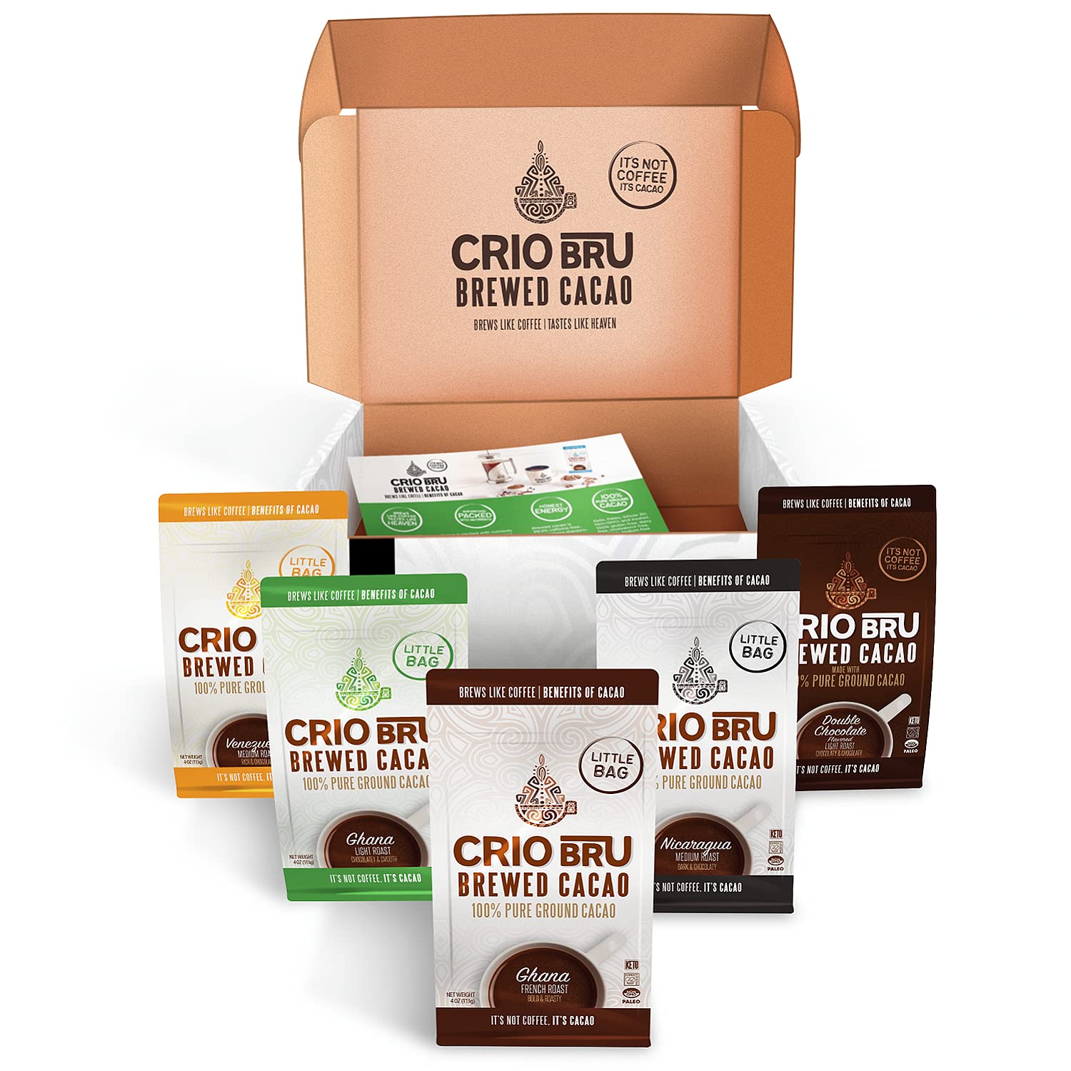 Crio Bru Sampler Starter Kit - 5 Varieties of Brewed Cacao Drink, 4 Ounce (Pack of 5), 99% Caffeine Free, Keto-Friendly