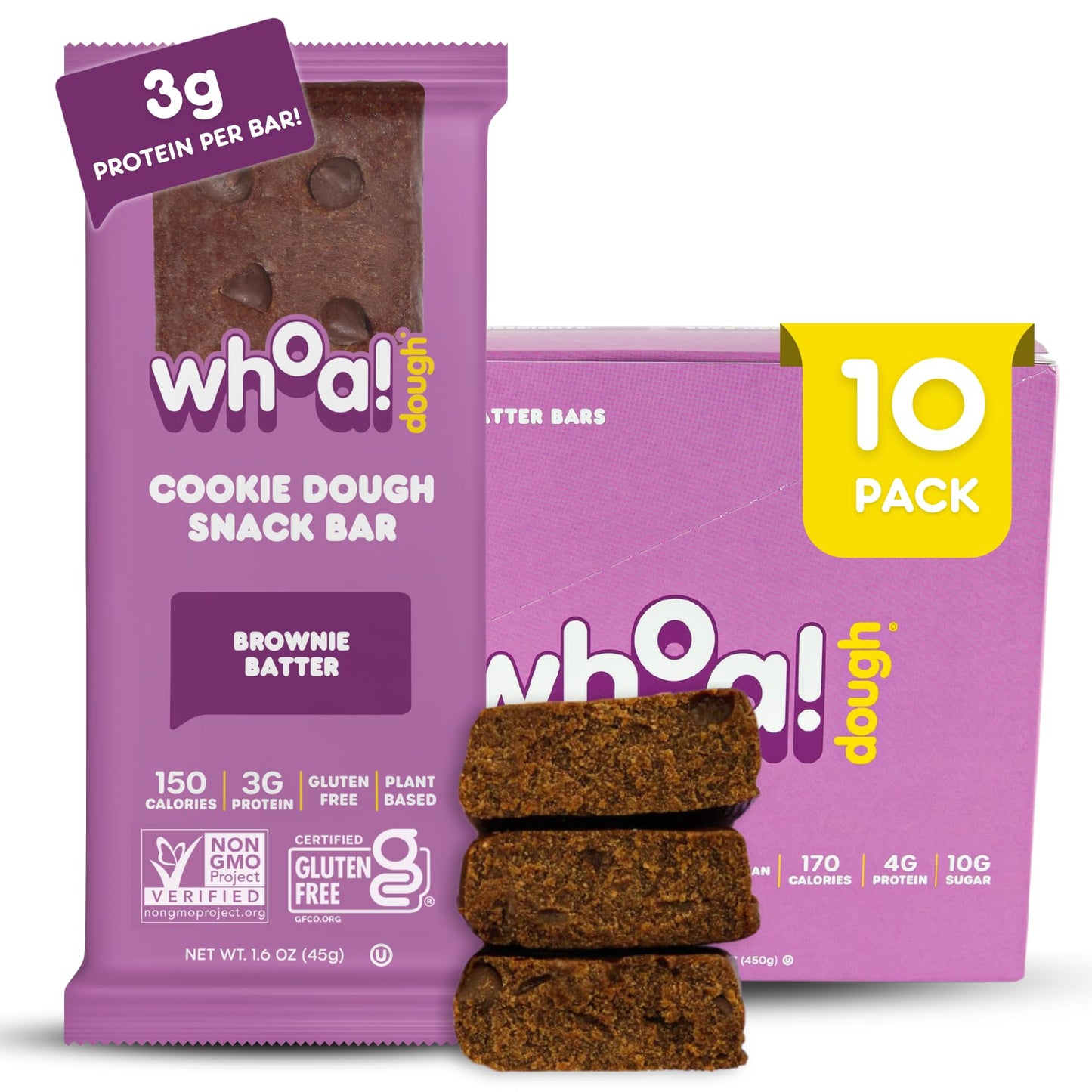 Whoa Dough Edible Cookie Dough Bars- Certified Non-Gmo, Kosher And Gluten Free Bars - Healthy Snack Foods - Plant Based Snacks Made With Real Ingredients - Brownie Batter Cookie Dough - 10 Pack