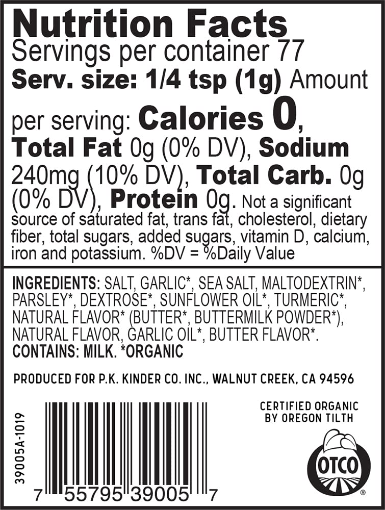 KINDER'S Organic Buttery Garlic Master Salt, 2.75 oz Premium Quality Seasoning, MSG Free, USDA Certified Organic