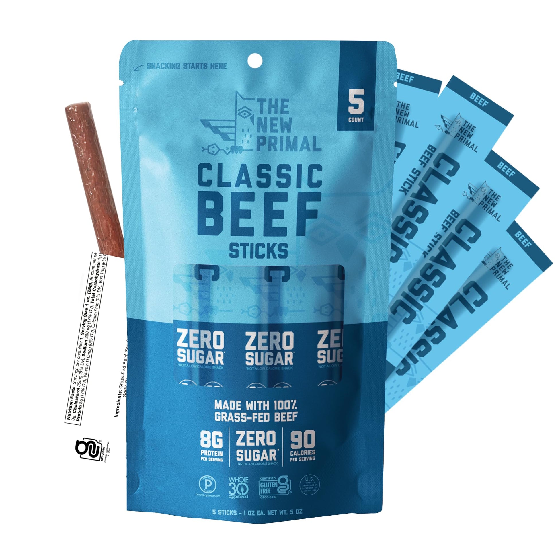 The New Primal Grass Fed Beef Sticks, Keto, Gluten Free, 8g Protein, 5 Count