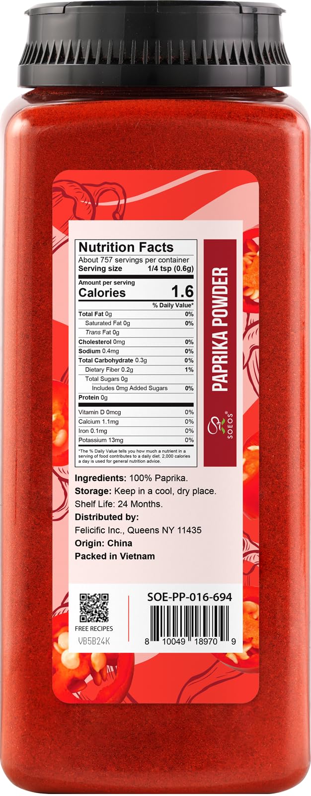Soeos Paprika Powder  16 oz (Pack of 1)  Sweet Paprika Seasoning for Marinade  Cooking  Grilling  Dipping  Perfect for Chicken  Pork  Beef and Vegetables