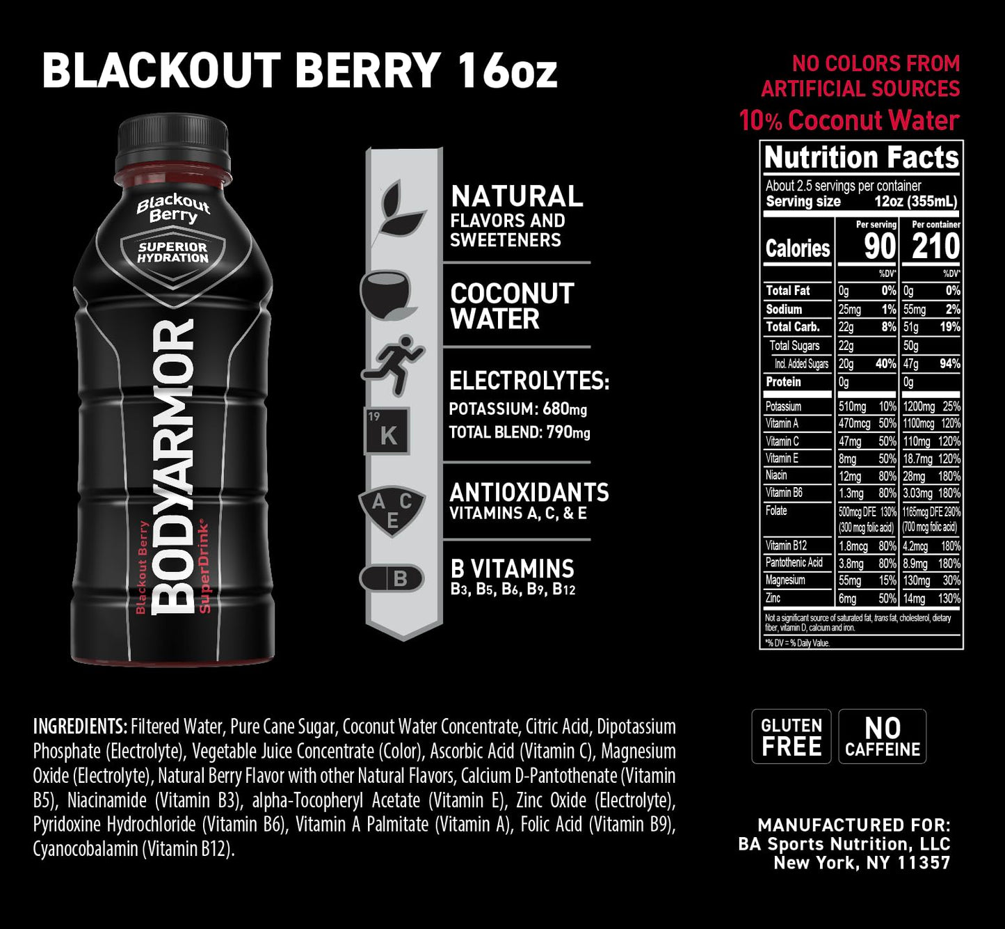 BODYARMOR Sports Drink, Blackout Berry, Coconut Water Hydration, 16 Fl Oz, Pack of 12, Natural Flavors & Electrolytes for Athletes