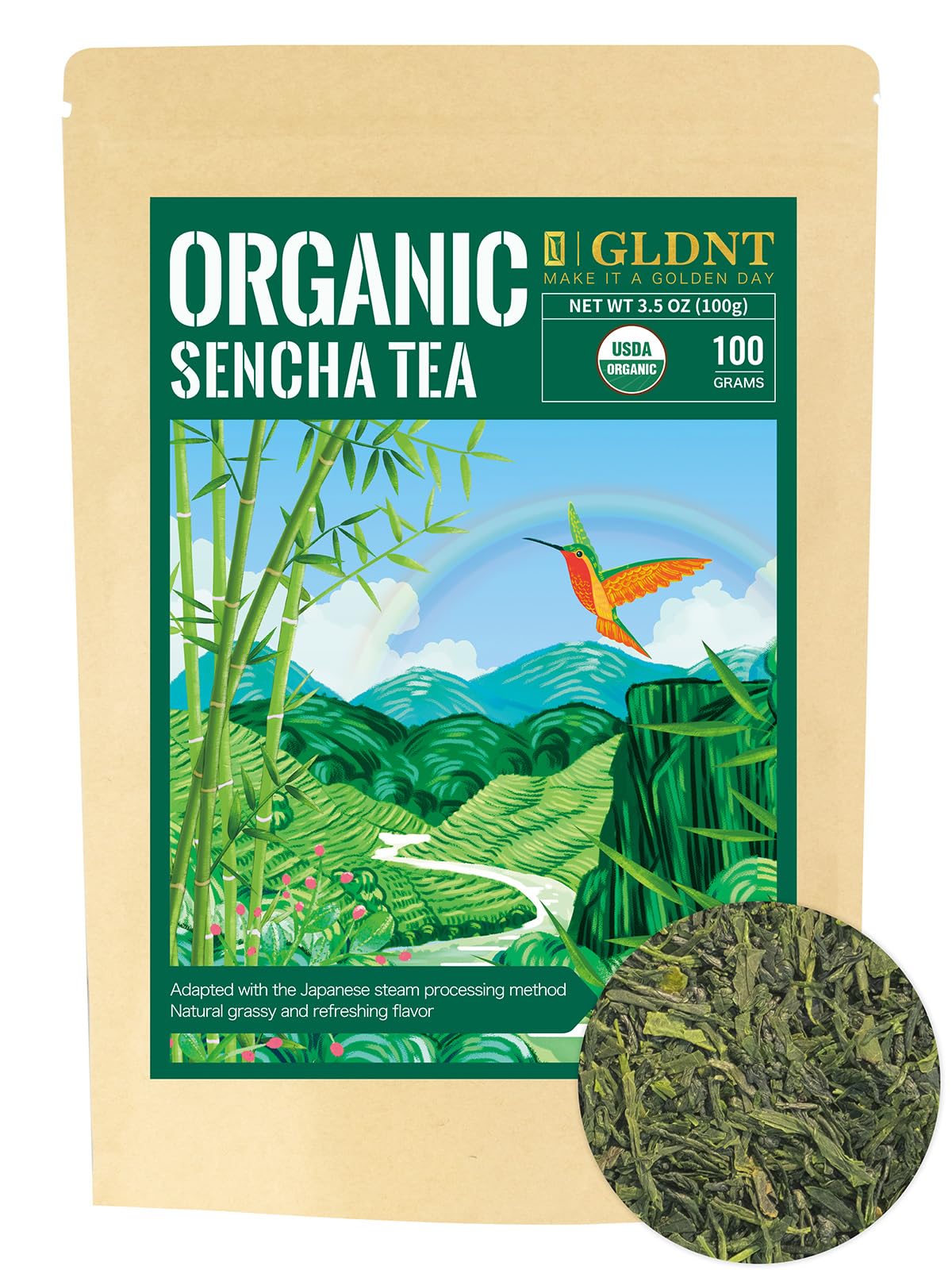 Gldnt Organic Sencha Tea, Shade Grown Gyokuro Green Tea Loose Leaf, Steamed Sencha Green Tea, Smooth & Refreshing Flavor, 3.5Oz
