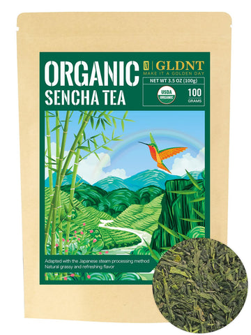 Gldnt Organic Sencha Tea, Shade Grown Gyokuro Green Tea Loose Leaf, Steamed Sencha Green Tea, Smooth & Refreshing Flavor, 3.5Oz