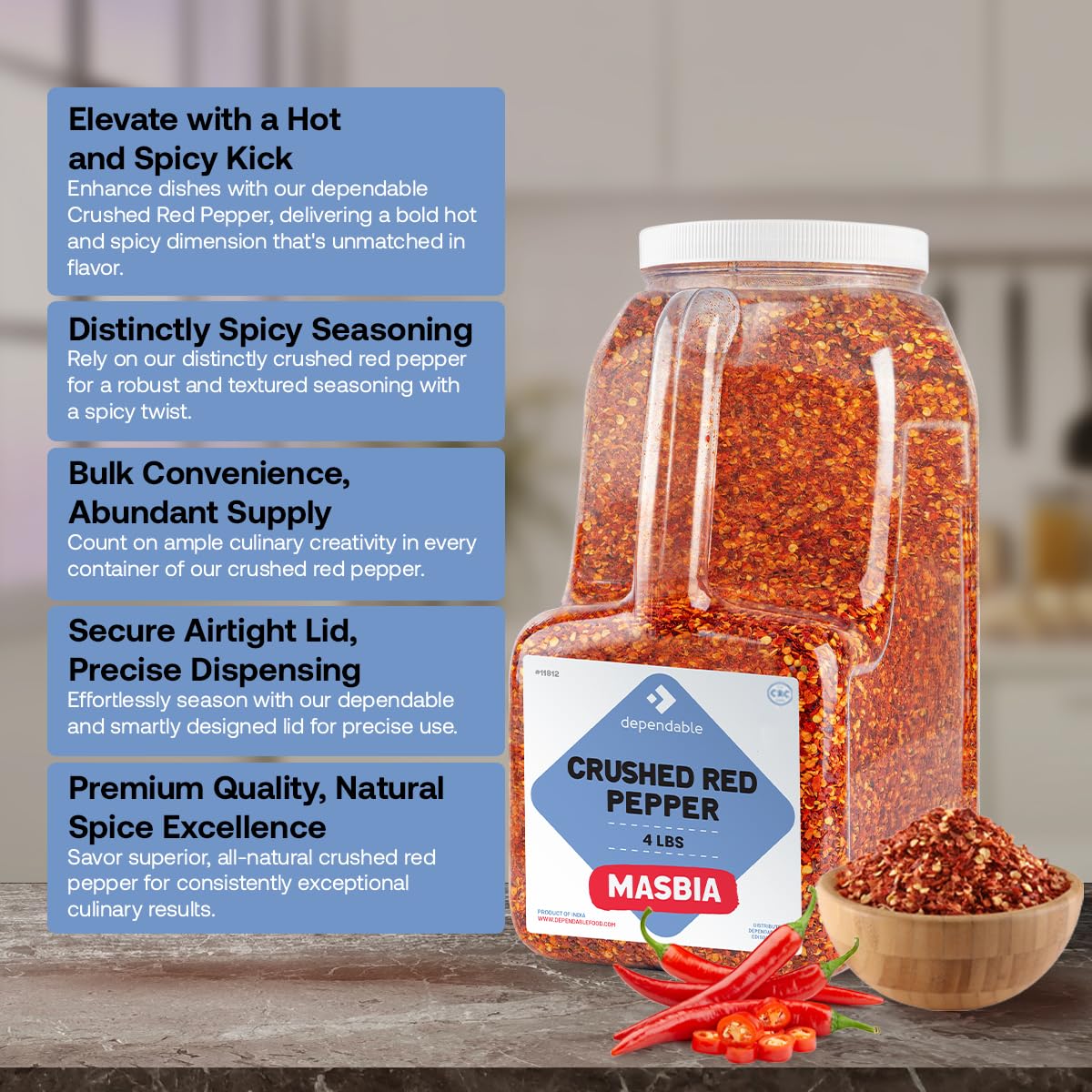 Dependable Food Crushed Red Pepper Flakes - 3.5 Lb. Container - Bulk Size - Kosher Spice Seasoning for Chefs & Culinary Enthusiasts Adds Heat & Depth to Pizza  Pasta  Stir-Fries - Non-GMO & Allergen-Free