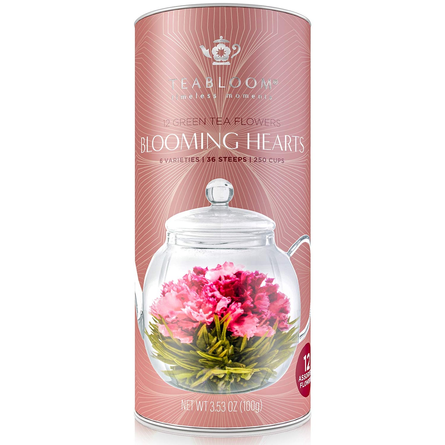 Teabloom Heart-Shaped Flowering Teas - 12 Assorted Blooming Tea Flowers - Green Tea + Jasmine, Pomegranate, Strawberry, Rose, Li