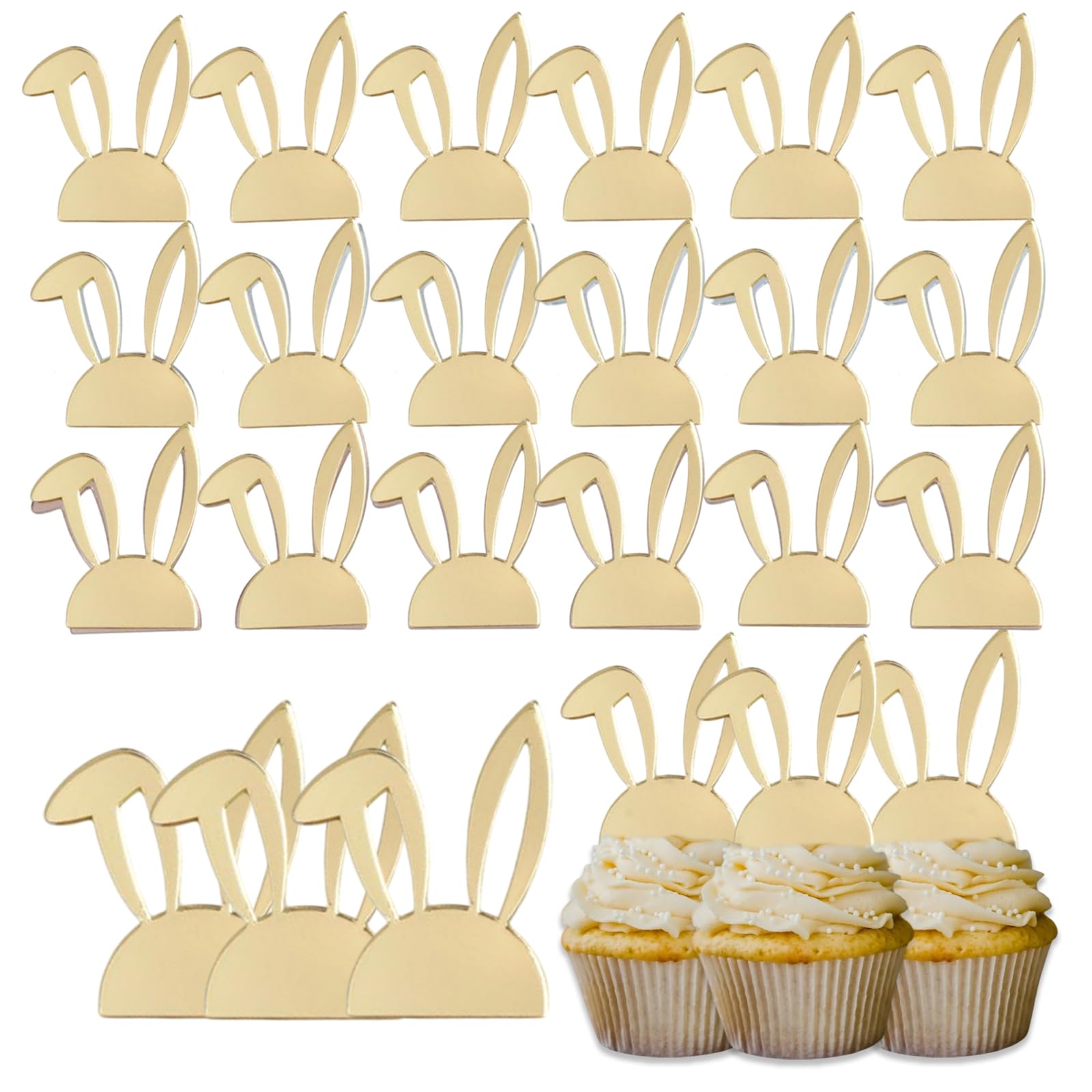 24 Pcs Easter Bunny Cupcake Topper Acrylic Cake Disc Mirror Rabbit Ear Cake Toppers For Spring Easter Decorations (Gold)