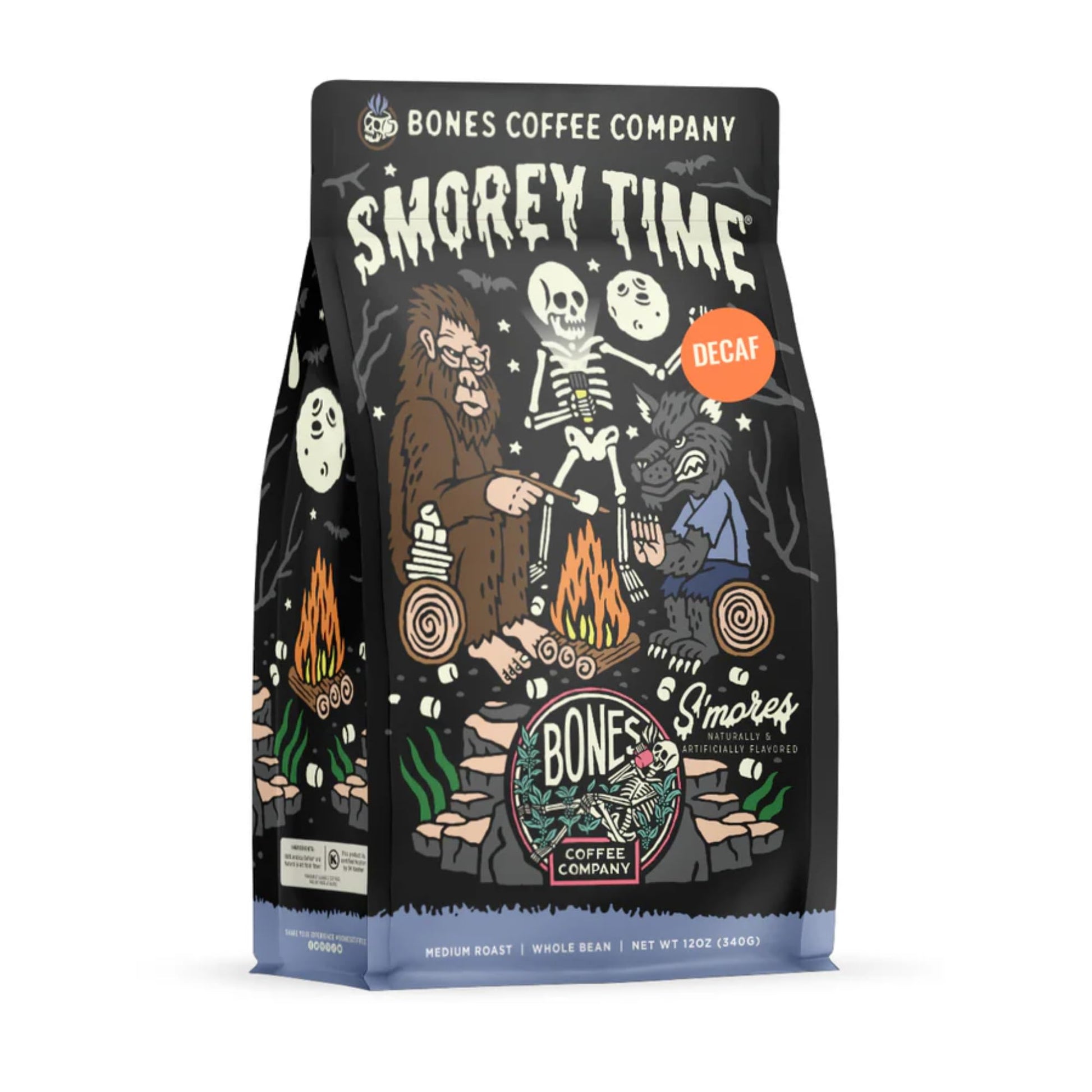 Bones Coffee Company Decaf Smorey Time, Smores And Graham  Ers Decaffeinated Flavored Coffee, Medium Roast Low Acid Arabica Beans For Auto Drip And French Press Coffee Maker, 12 Oz Ground