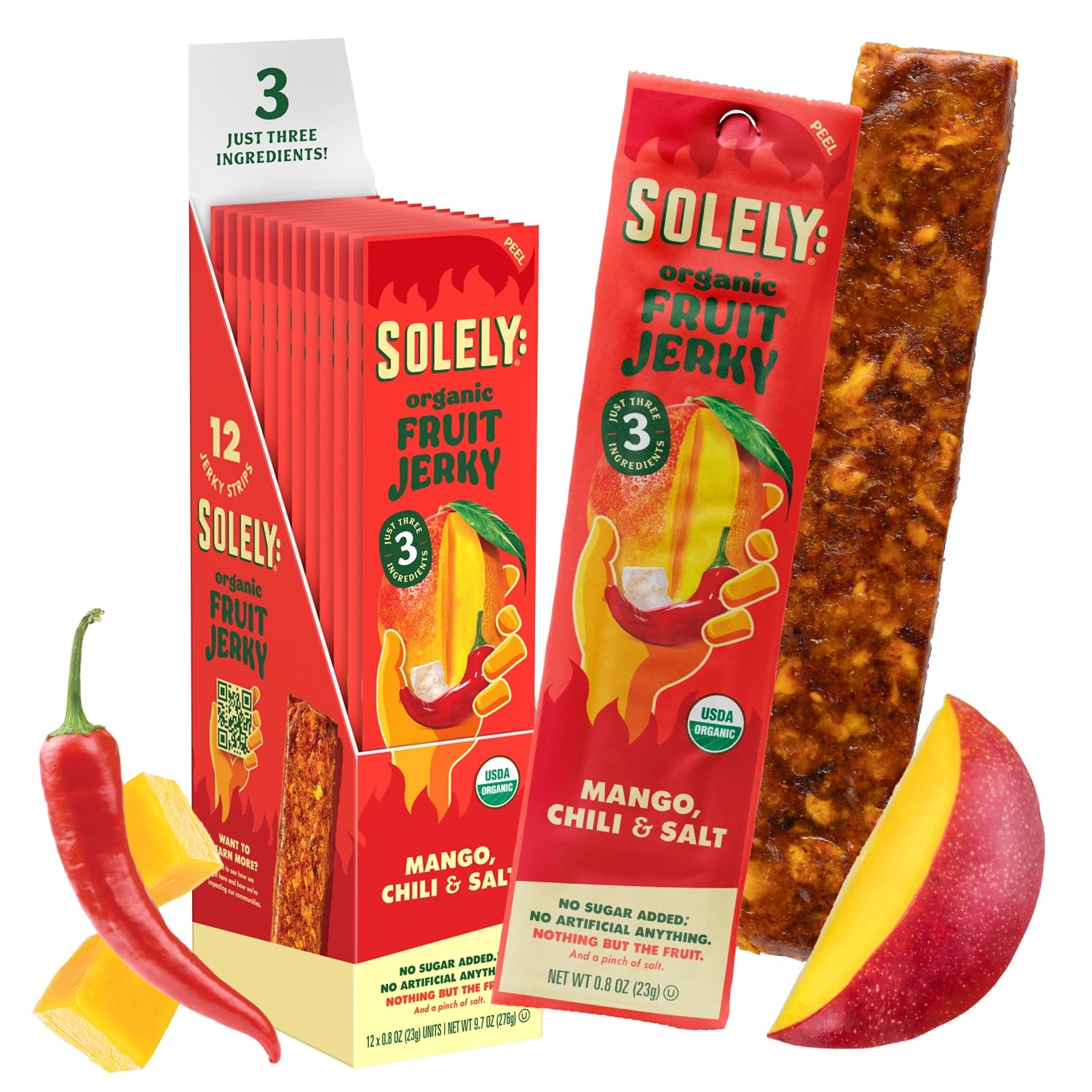 Solely - Organic Spicy Mango Chili And Salt Fruit Jerky - 12 Individually Wrapped Fruit Strips - Fruit Leather Made From Dried F