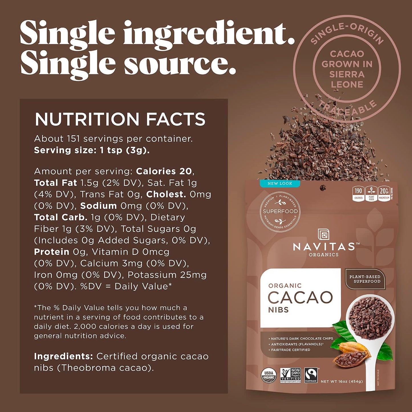 Navitas Organics Cacao Nibs, 16Oz. Bag, 15 Servings - Organic, Non-Gmo, Fair Trade, Gluten-Free