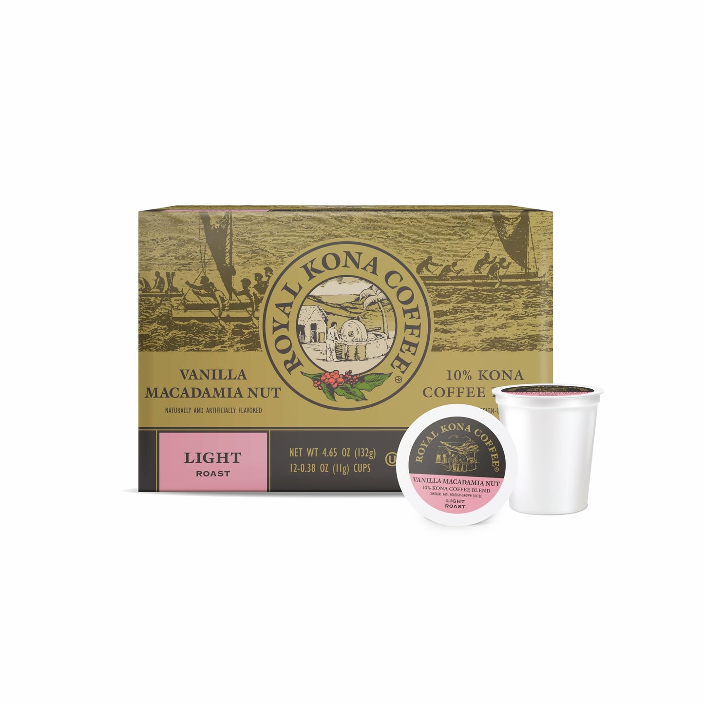 Royal Kona Vanilla Macadamia Flavored  10% Kona Coffee Blend  Light-Roast Single-Serve Coffee Pods  Compatible With Keurig Beverage Makers  A Taste Of Aloha - (12 Count Box)