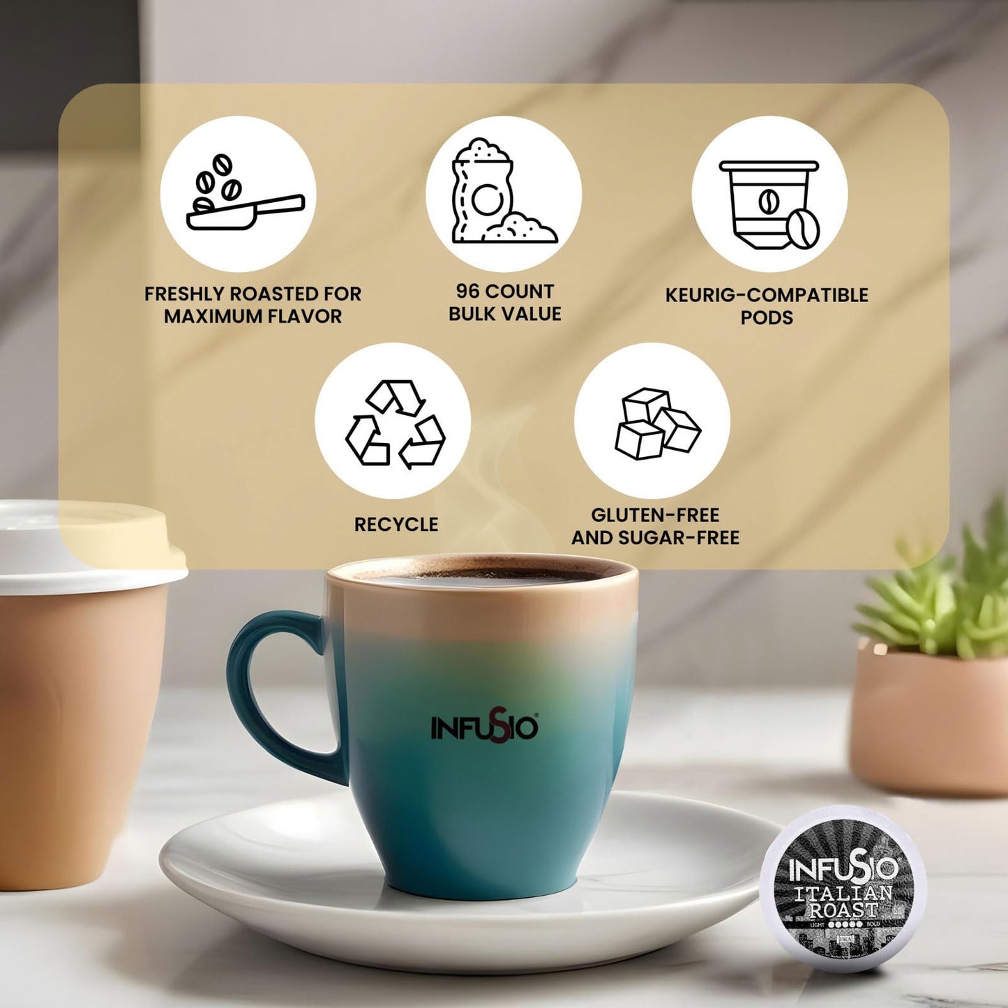InfuSio Coffee Pods, Italian Roast, Dark Roast, 96 Count, Compatible with Keurig K Cups, Single Serve