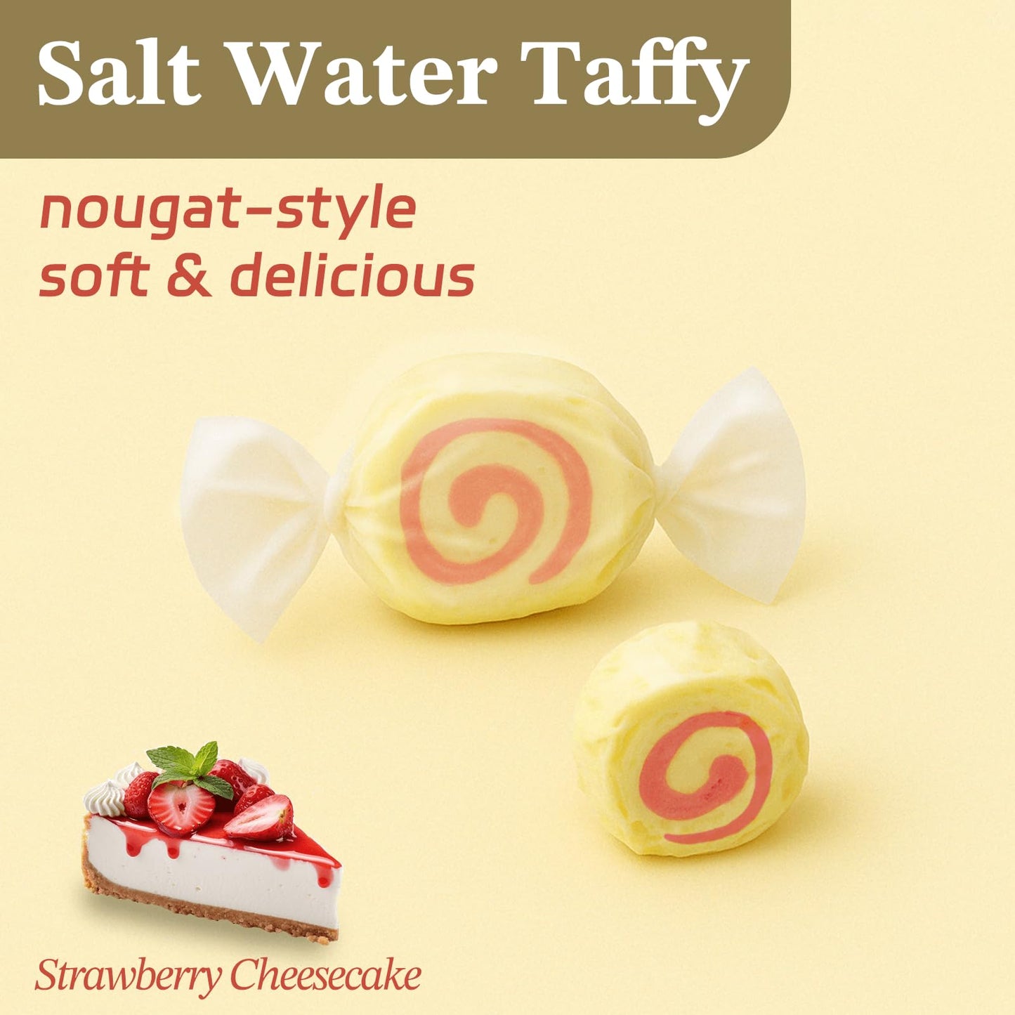 Strawberry Cheesecake Salt Water Taffy By Snack Attack, Individually Wrapped Bulk 2Lb Bag - Chewy Saltwater Taffy Candy | Gluten