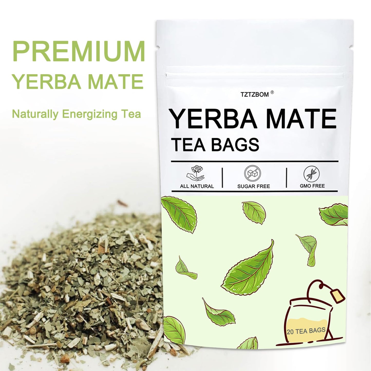 TZTZBOM Yerba Mate Tea Bags, Natural Caffeine, Smooth Energy & Focus, 20 Count