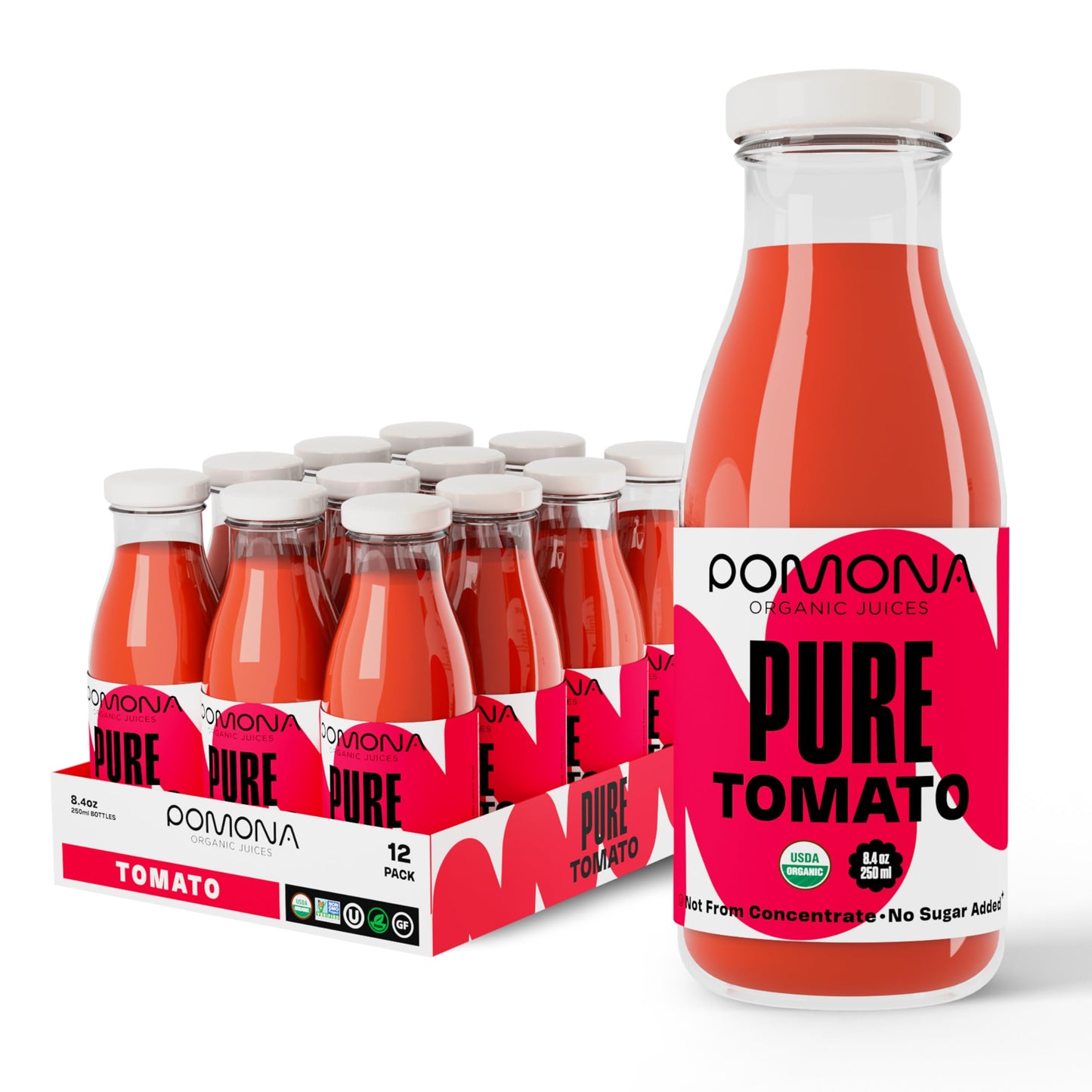 Pomona Organic Juices Pure Tomato Juice  8.4 Ounce Bottle (Pack of 12)  Cold Pressed Organic Juice  Non-GMO  No Sugar Added  Not from Concentrate  Gluten Free  Kosher Certified  Preservative Free