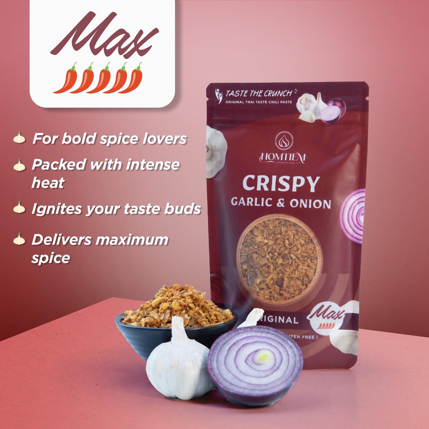 Homtiem Crispy Garlic & Onion : Original Max 3.5 Oz, Max Spice, Versatile Seasoning, All-Natural, Non-Gmo, Vegan & Gluten-Free,