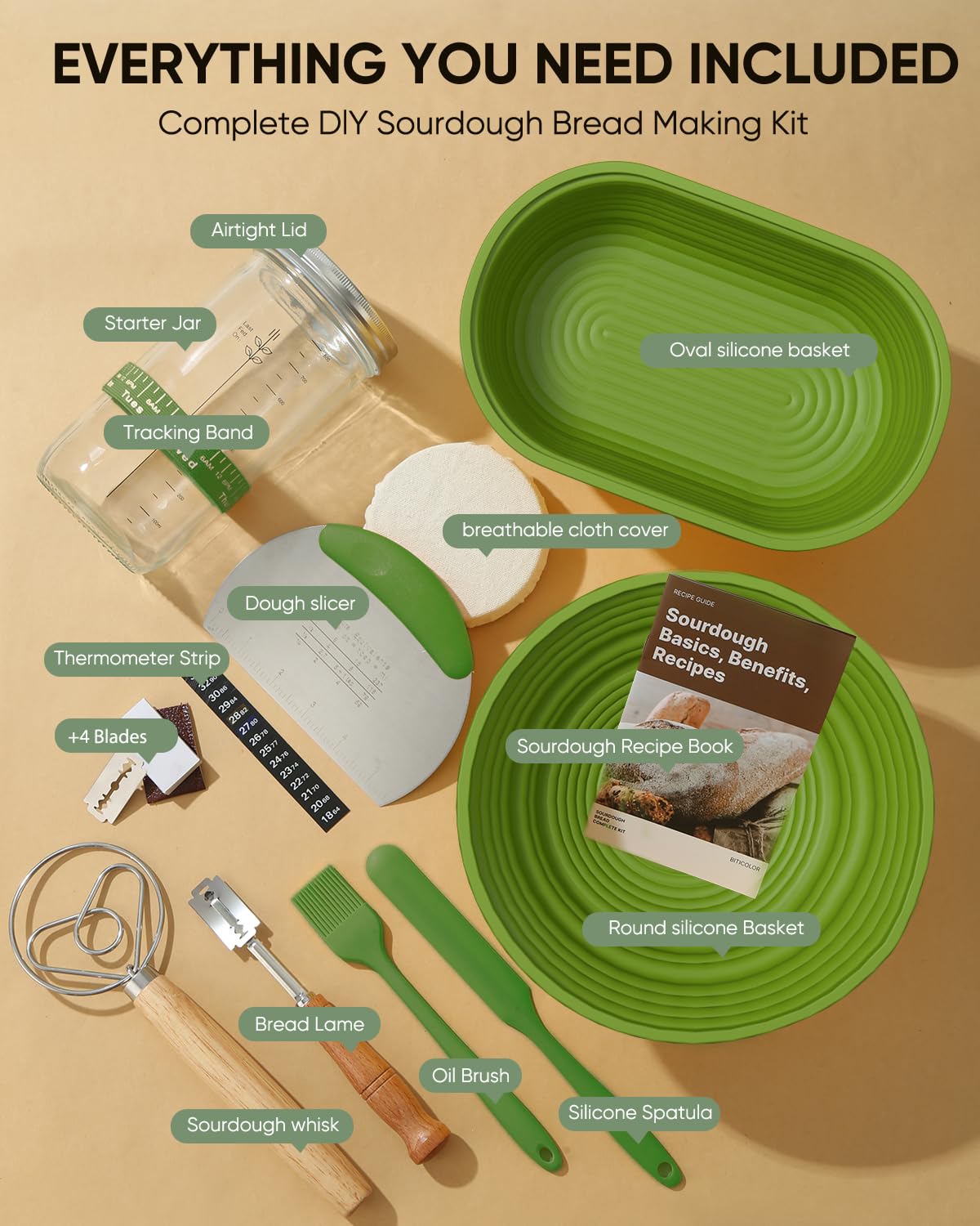 BICRET Sourdough Bread Baking Kit - 34 OZ Starter with 2 Proofing Baskets - Green
