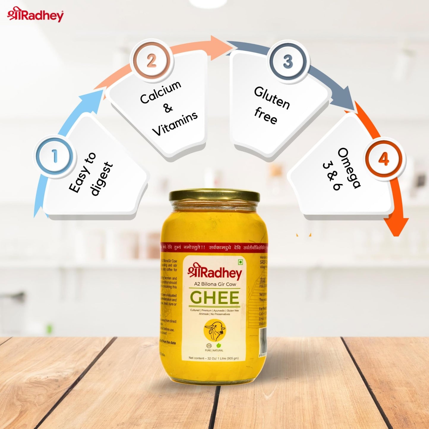 Shree Radhey Certified A2 Gir Cow Ghee - Gluten Free - (Traditionaly Hand Churned) (1 Litre X 2 Glass Bottle)