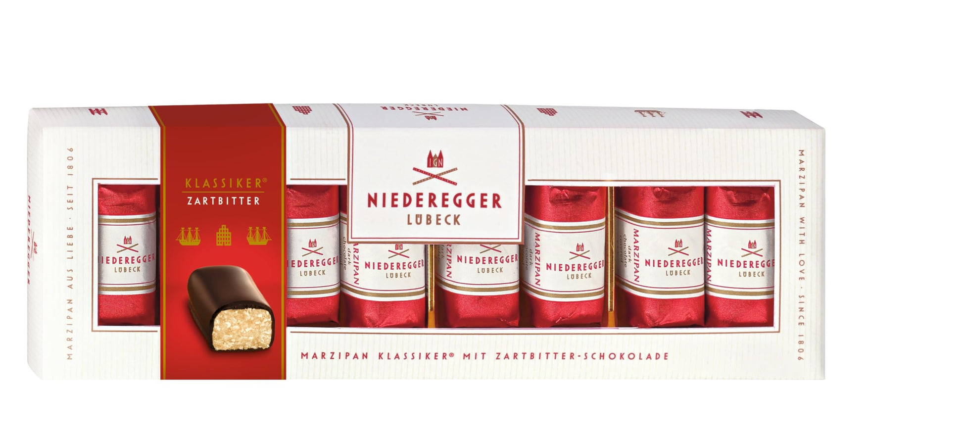 Niederegger Classic Marzipan Gift Box | Pure German Marzipan Covered in Crisp and Dark Chocolate | 8 Pieces Per Box | Kosher | 1