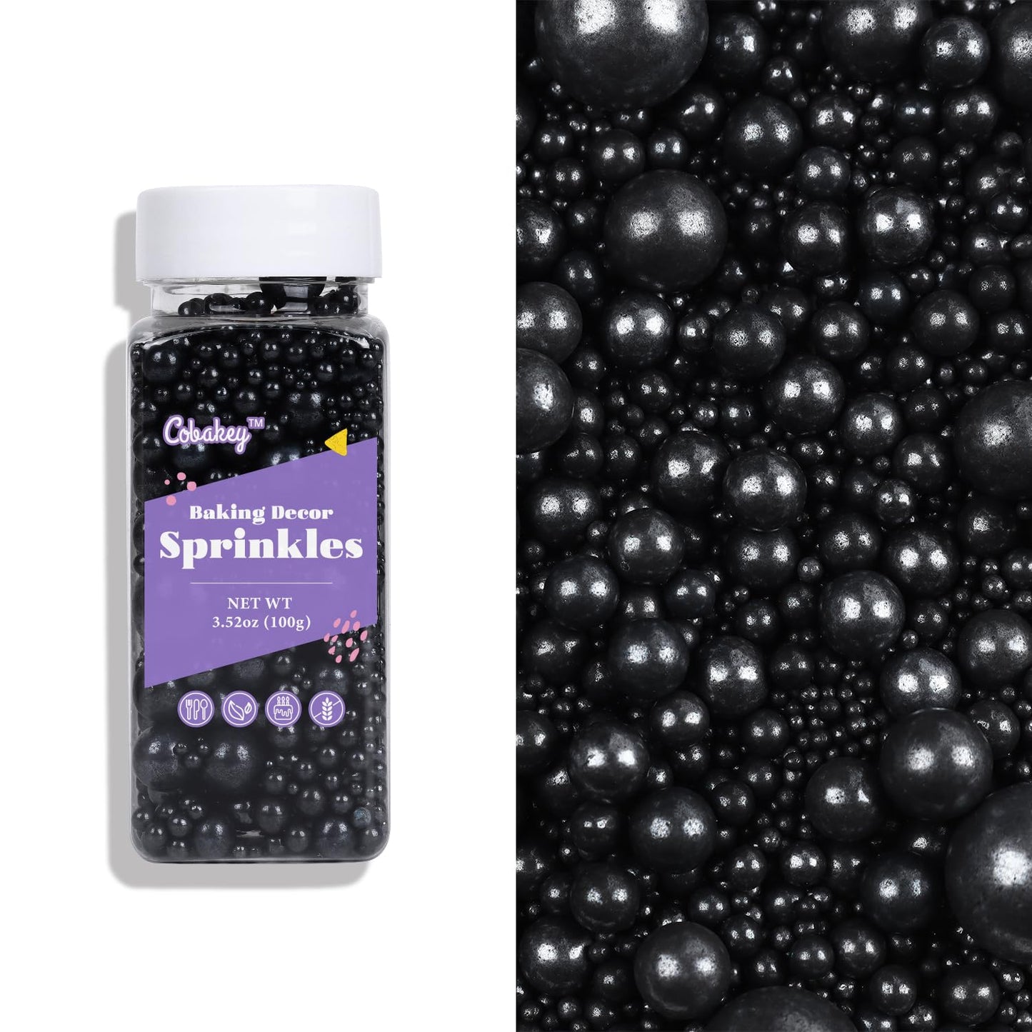 Cobakey Black Pearl Sugar Sprinkles for Cake Decorations, 3.52 oz - Ideal for Cupcakes, Weddings, Parties, and Holidays