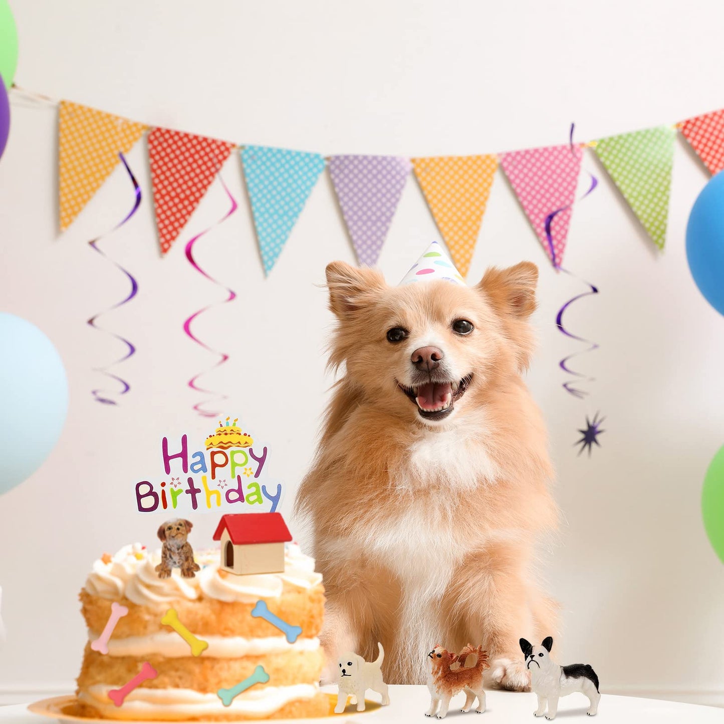 Chunful 18-Piece Dog Cake Topper Set, Plastic Puppy Figurines, Dog Bone & Kennel Decorations, Vivid Style, White/Black/Brown