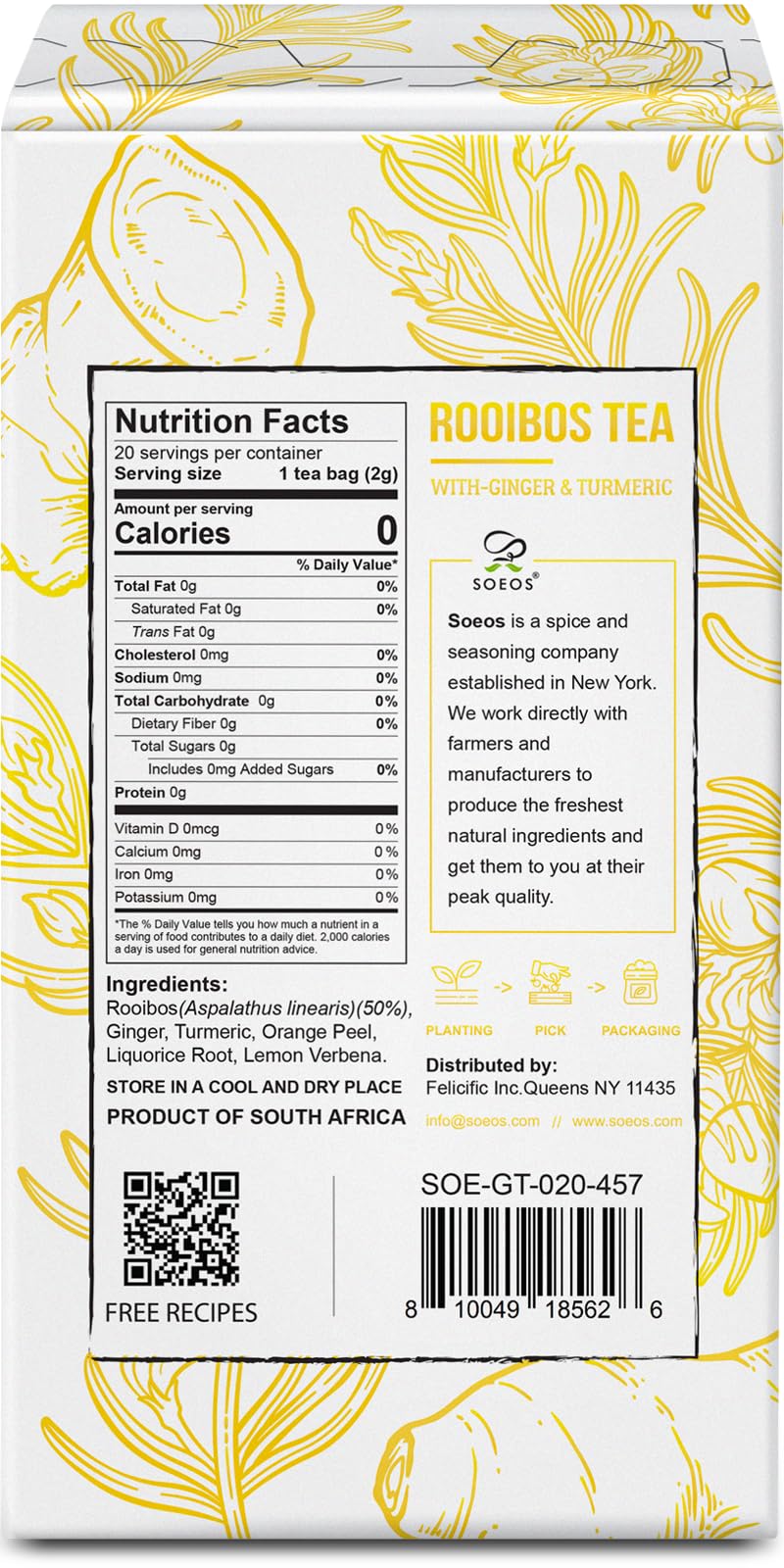 Soeos Ginger and Turmeric Tea, Caffeine Free Rooibos, 20 Teabags, 1.4oz (40g)