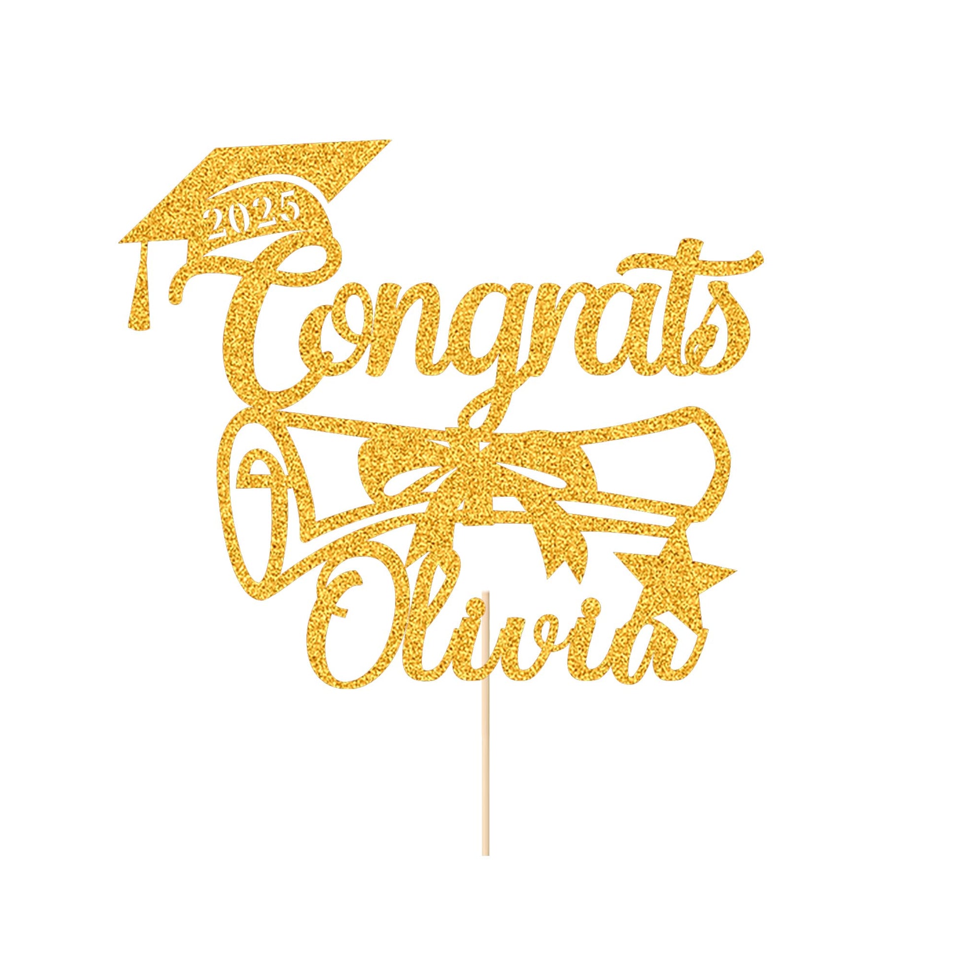 EDSG Personalized Graduation Cake Topper - Double Sided Glitter, Class of 2025, Gold