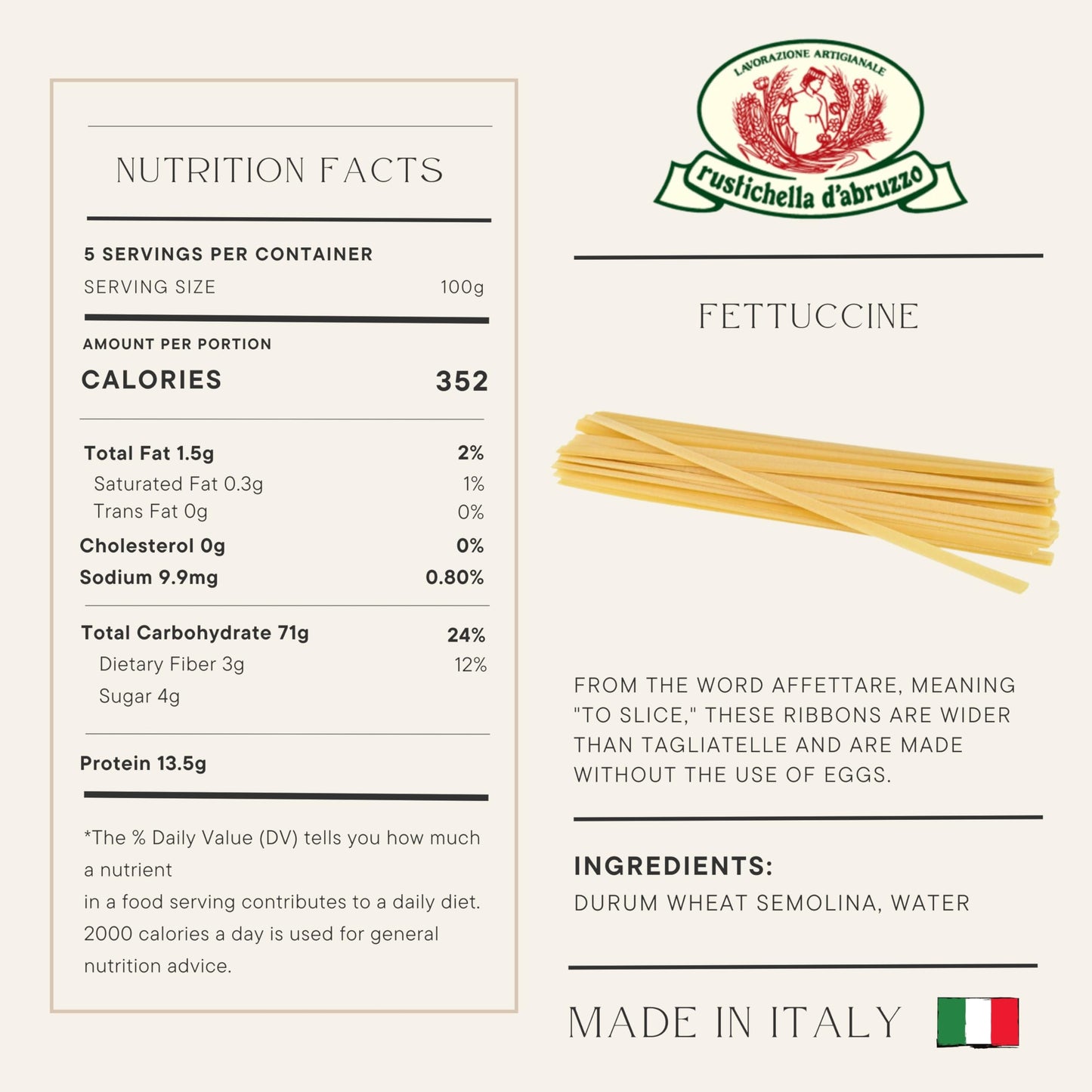 Rustichella D'Abruzzo Fettuccine (Pack Of 3), 500G Each - Egg-Free Wide Ribbon Pasta - Perfect For Sauces - Cooks In 11-13 Minut