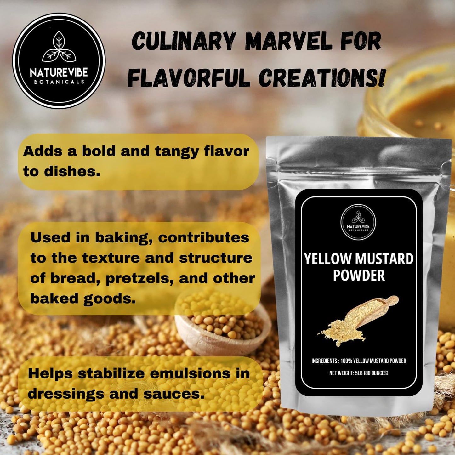 Yellow Mustard Seed Powder By Naturevibe Botanicals 5Lb | 100% Pure Yellow Mustard Grounded | Adds Flavor | Bulk Bag (80 Ounces)