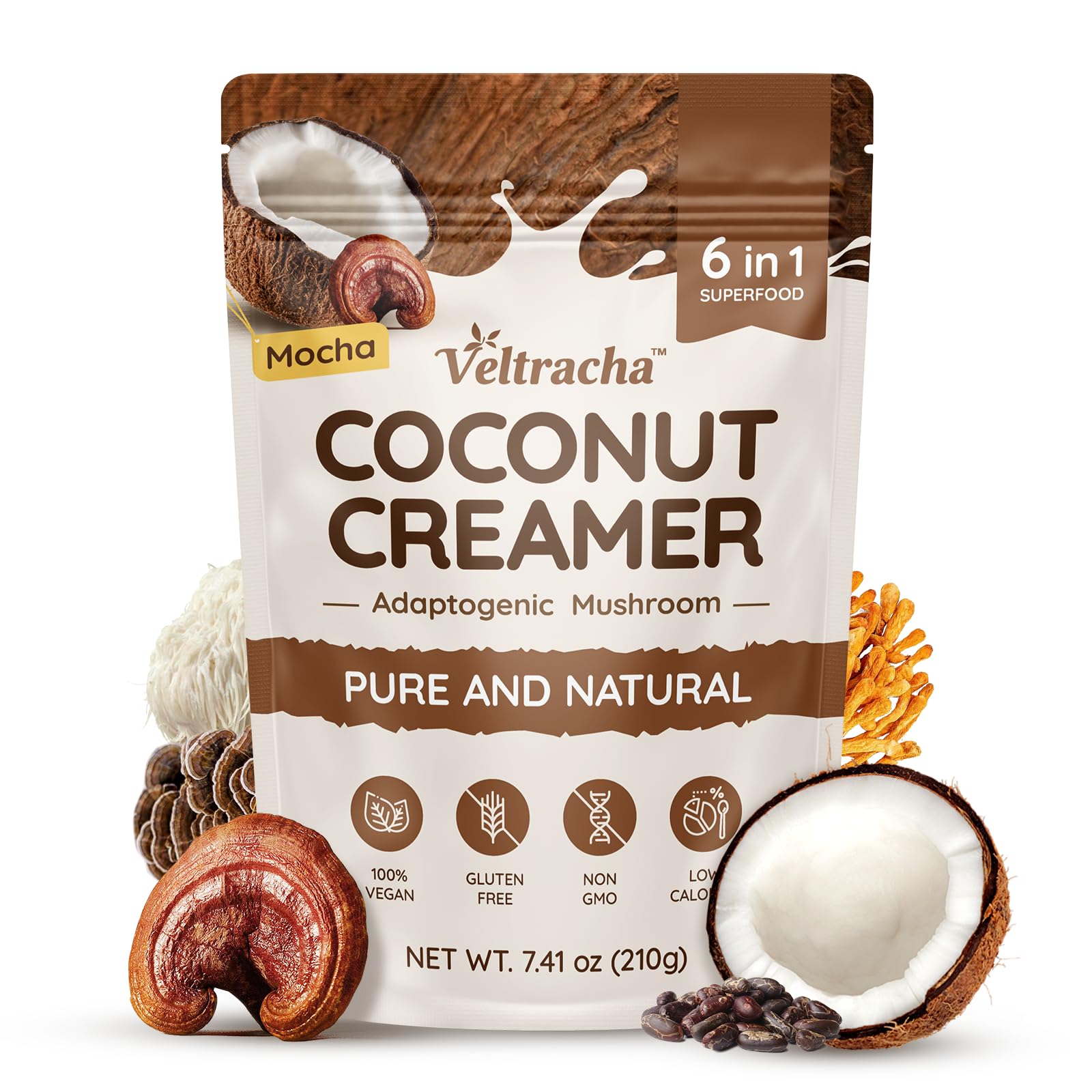Veltracha Mushroom Coconut Coffee Creamer  Coffee Mate Creamer Powder With Pure Coconut Extract And 6 Adaptogenic Mushroom  Superfood Creamer Vegan & Unsweetened  7.41Oz (30 Servings)  Mocha