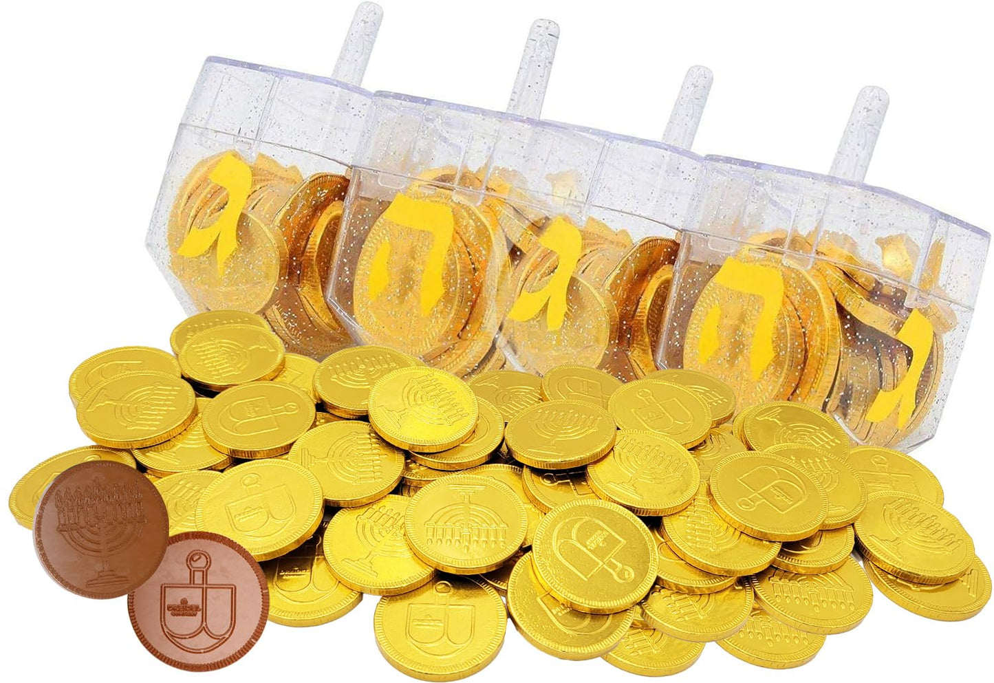 The Dreidel Company 6-Pack Dreidel Filled With Hanukkah Chocolate Gelt Coins  Milk Chanukah Gelt  With Menorah And Dreidel Design Kosher 6 Dreideld Filled With Ten Coins Total Of 60 Peices Of Chocolate