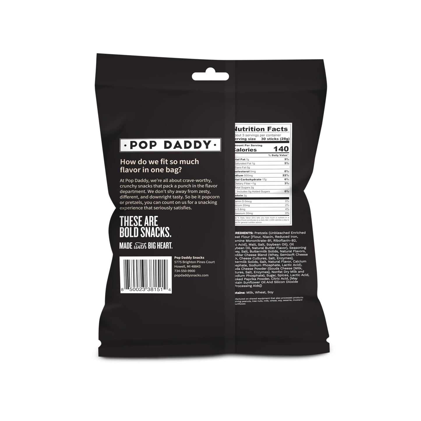 POP DADDY Flavored Pretzel Sticks, malt-inspired Cheese Flavor, 3oz, 15 Pack, Healthy Gourmet Snack