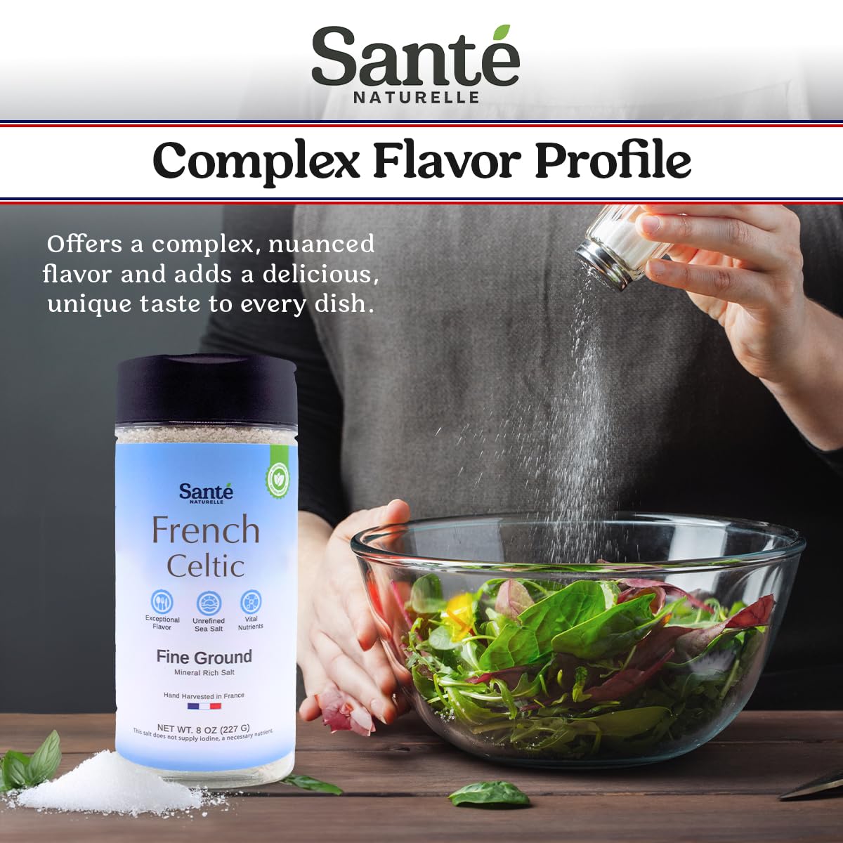 Sante Naturelle Celtic Salt Fine Ground Sea Salt Shaker - 8 oz, Unrefined Organic, Rich in Minerals, Hand Harvested