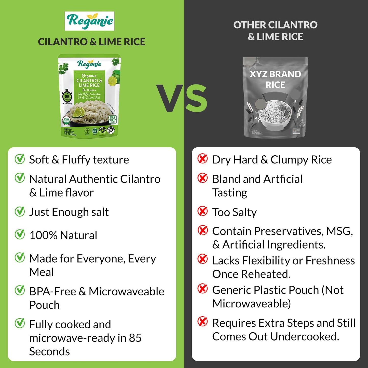 Reganic Cilantro Lime Rice - Organic, Vegan & Gluten Free - 8.8 oz (Pack of 6) - Microwavable Ready to Eat Meals