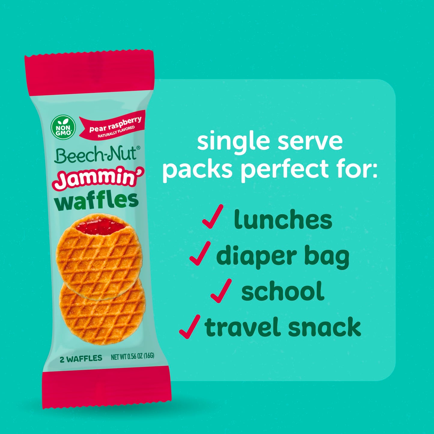 Beech-Nut Toddler Snacks Jammin Waffles With Fruit Filling For Babies & Toddlers, Pear Raspberry, 10 Boxes (50 Individually Wrapped Packs)