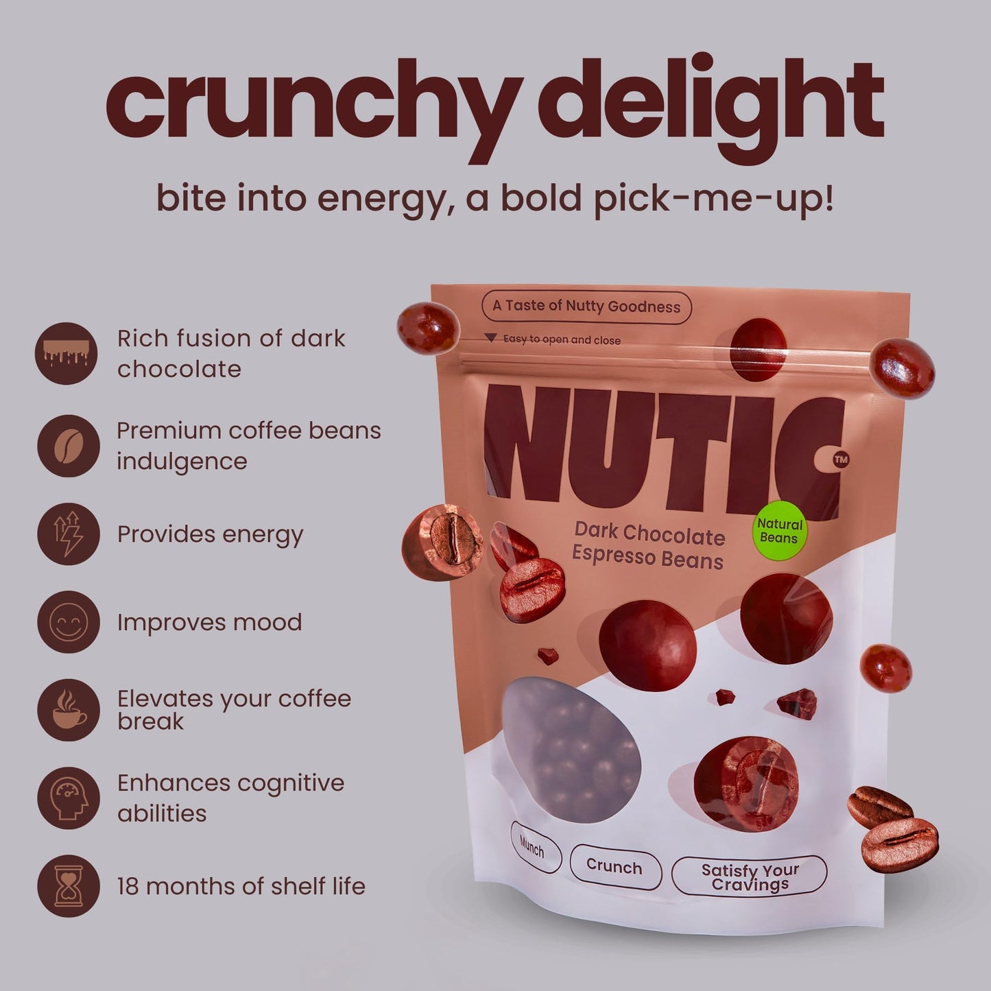 Nutic Dark Chocolate Covered Espresso Beans - 2LB, Bulk Espresso Candy, Brown