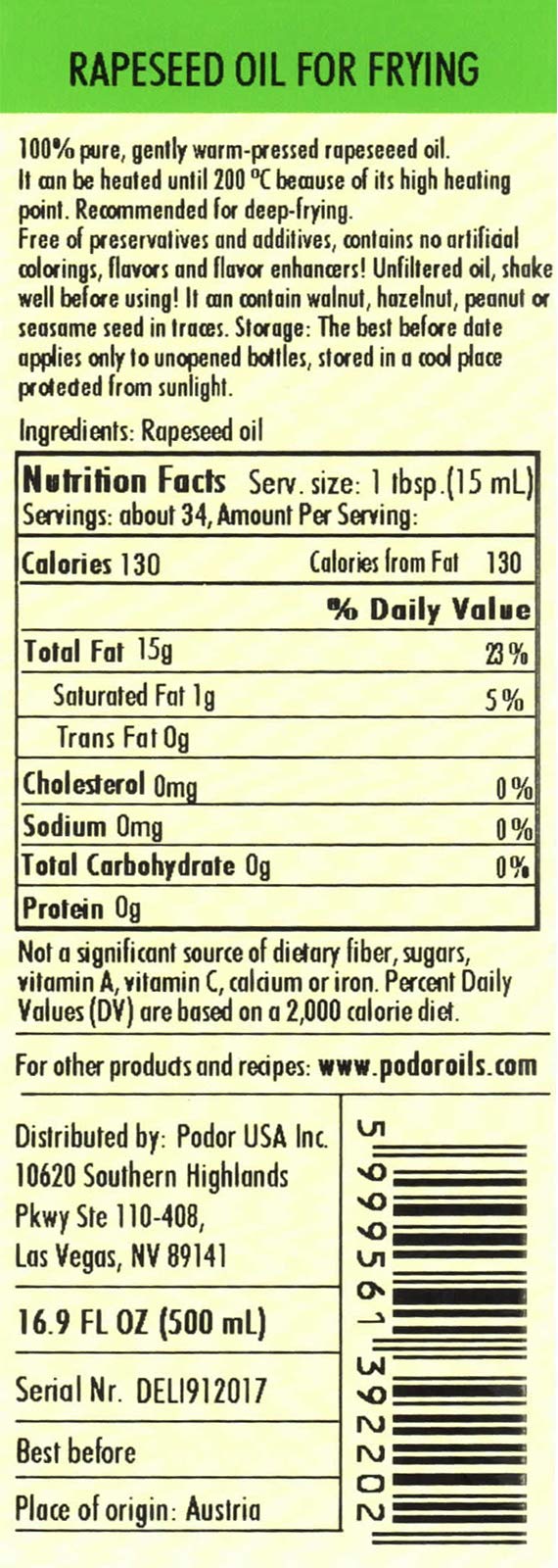 PÖDÖR Premium  seed Oil for Frying, 100% Natural, Vegan, Gluten-Free, Non-GMO, 16.9 Fl Oz Glass Bottle