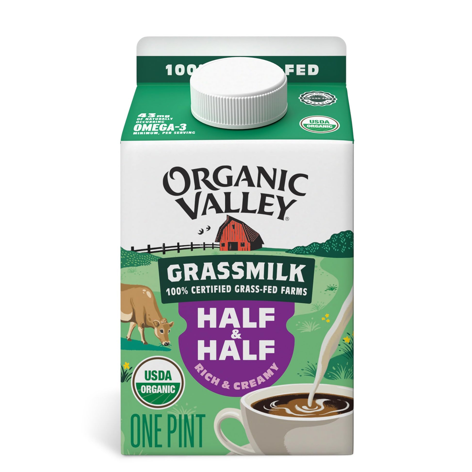 Organic Valley Grassmilk Half and Half - Organic, Grass Fed, Non GMO - 16 oz (Pint)