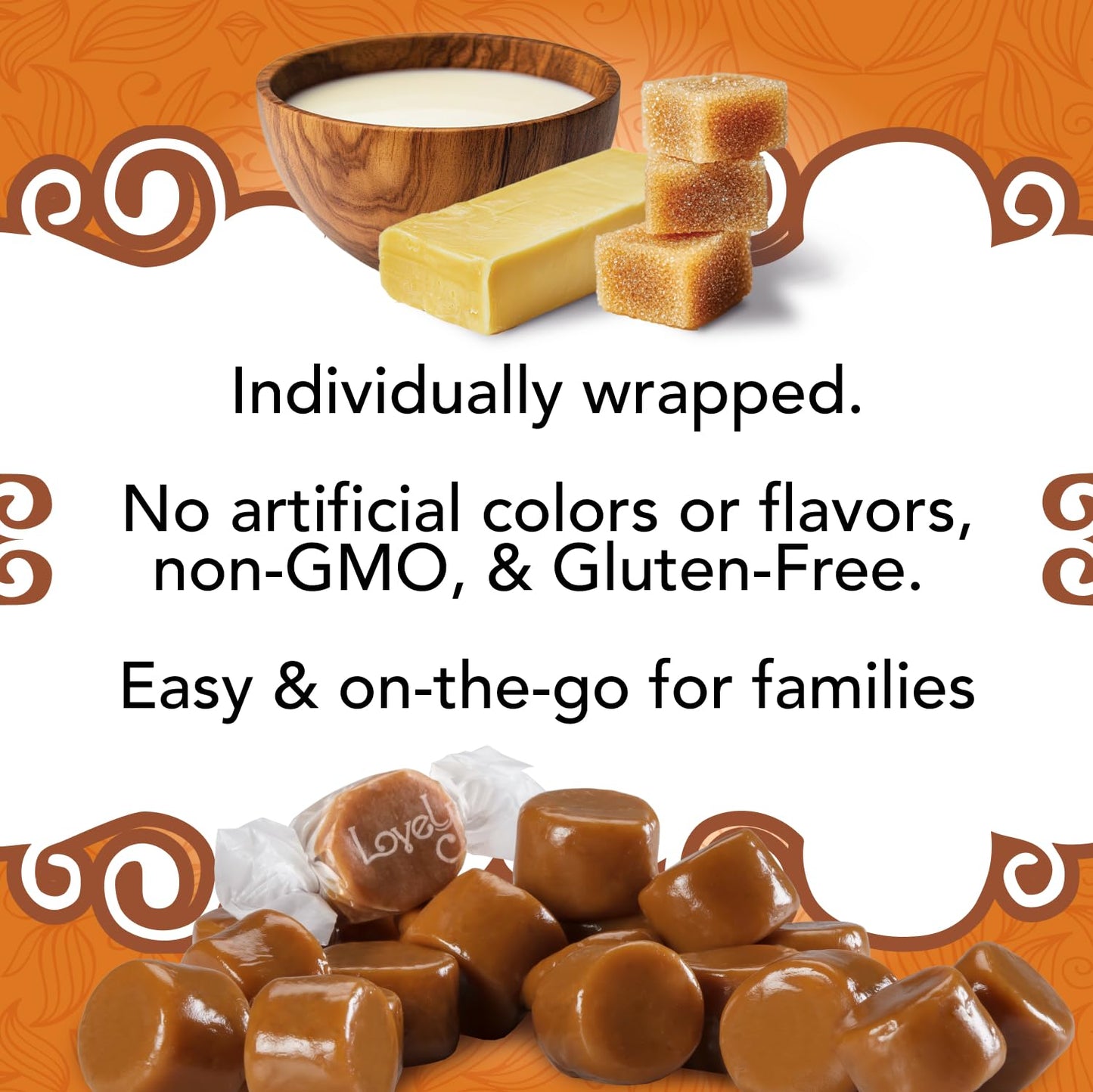 Lovely Candy Co. Soft And Chewy Original Caramels, Individually Wrapped, 6Oz (6-Pack), Gluten-Free, Non-Gmo, No High Fructose Co
