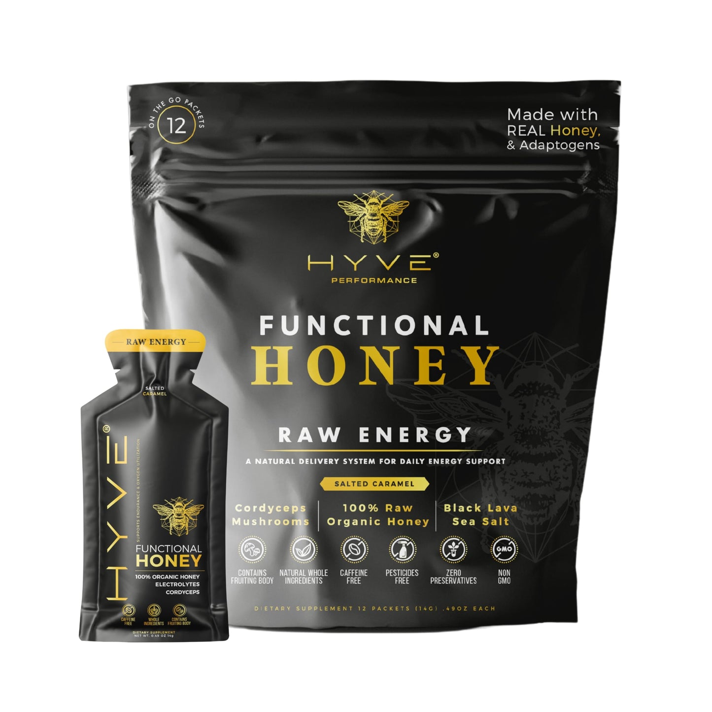 Hyve Functional Pre-Workout Honey - Raw Energy Sachets With Organic Cordyceps Mushrooms  Black Lava Sea Salt & Organic Honey - Natural Energy Boost  Pack Of 12  Salted Caramel