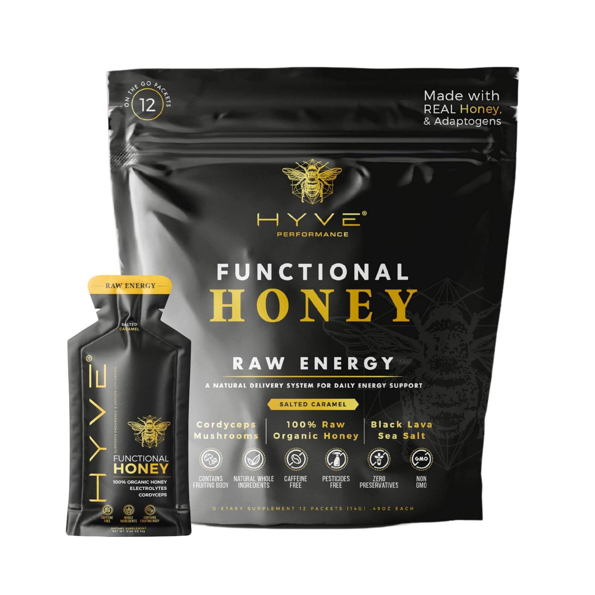 Hyve Functional Pre-Workout Honey - Raw Energy Sachets With Organic Cordyceps Mushrooms  Black Lava Sea Salt & Organic Honey - Natural Energy Boost  Pack Of 12  Salted Caramel